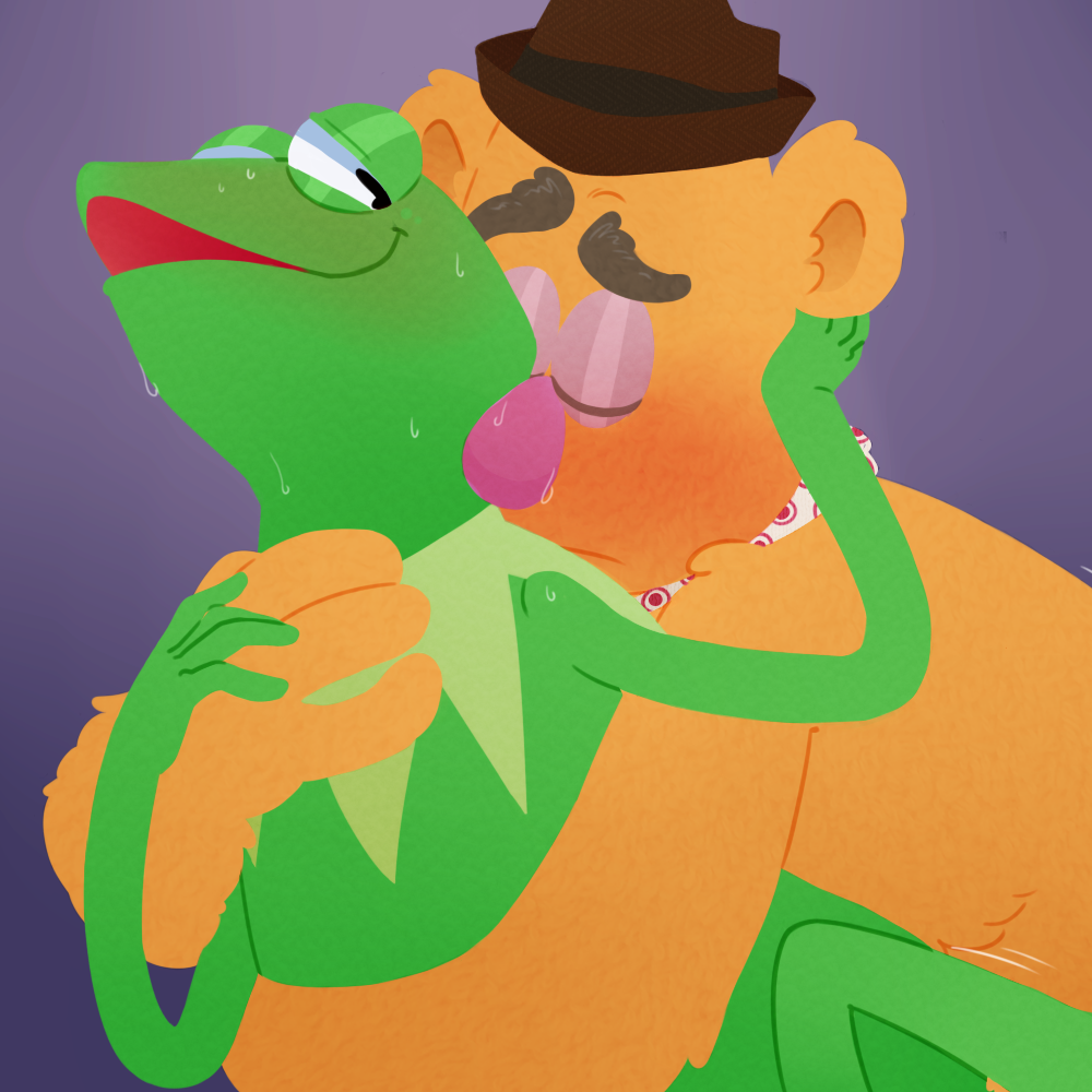 1:1 2020 amphibian anthro blush bodily_fluids brown_clothing brown_hat brown_headwear closed_eyes clothing duo embrace fozzie_bear frog fur green_body hat headgear headwear kermit_the_frog male male/male mammal muppets narrowed_eyes open_mouth purple_background sex simple_background smile sweat ubernerdmaster ursid yaoi