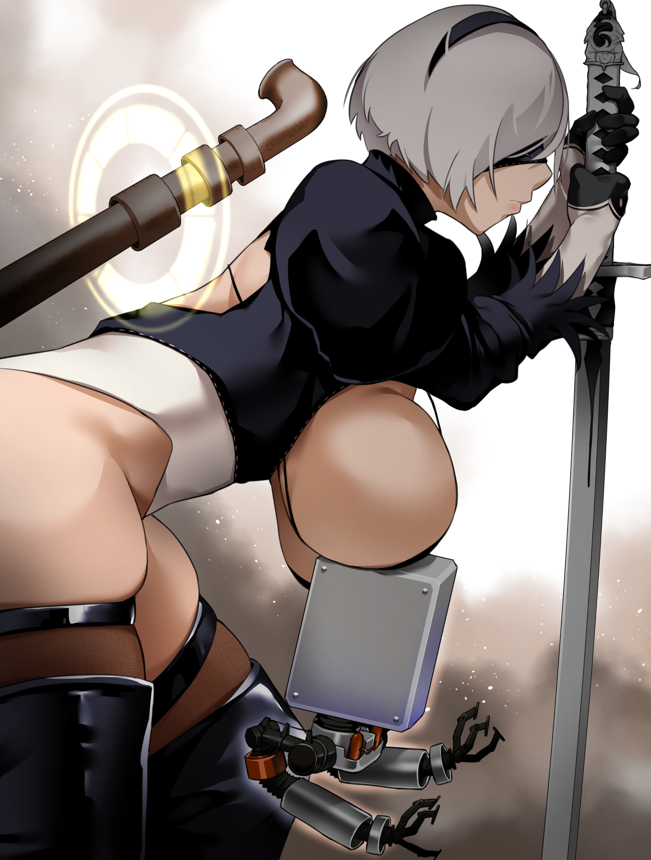 1girls, android, bakkanki, big breasts, blindfold, breasts, female, female only, high heel boots, high heels, leotard, nier, nier: automata, pod (nier), short hair, solo, solo focus, thighhigh boots, thighhighs, white hair, yorha 2b