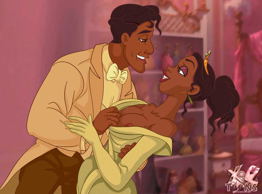 1boy 1girls black_female breasts breasts_out canon_couple clothed_male_nude_female dark-skinned_male disney disney_princess dress nipples prince_naveen pulling_down pulling_down_dress the_princess_and_the_frog tiana undressing_partner xl-toons.com