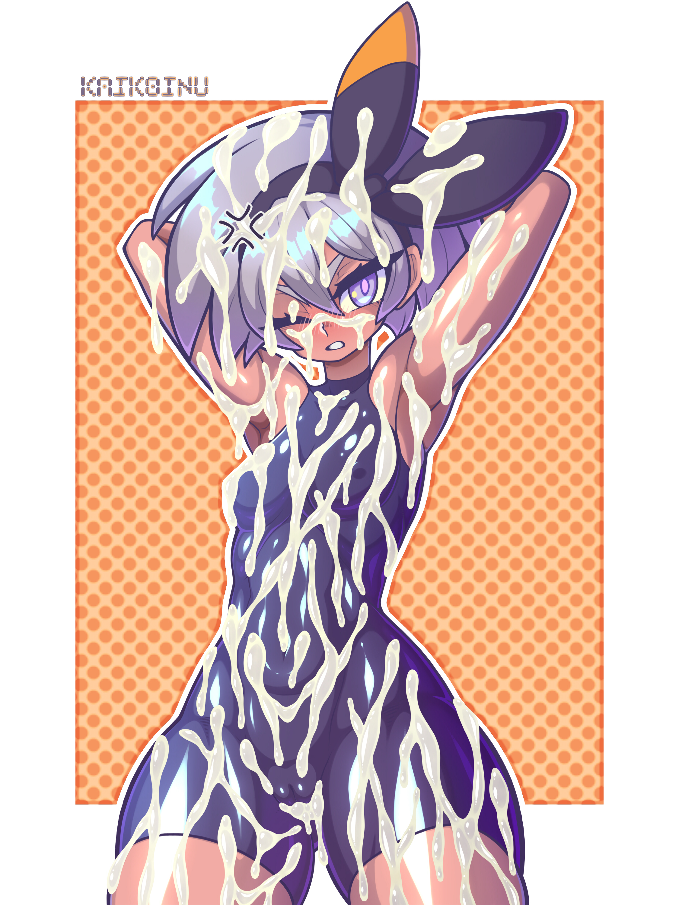 angry, annoyed, bea (pokemon), bodysuit, bukkake, clothing skin, covered in cum, cum on body, excessive cum, female, game freak, human, kaikoinu, nintendo, pokemon, pokemon ss, tagme