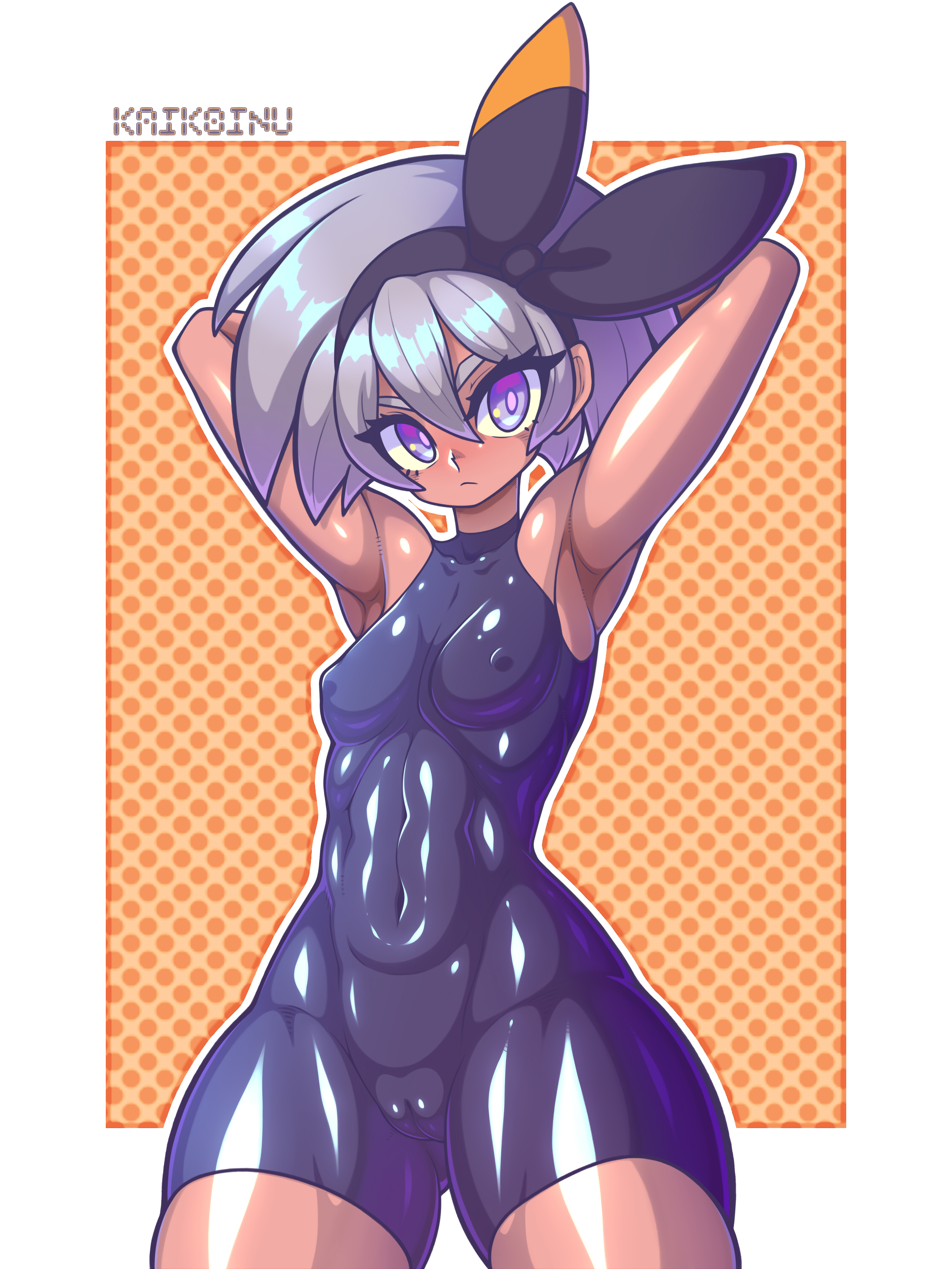 1girls, 2d, abs, bea (pokemon), brown skin, brown-skinned female, cameltoe, clothing skin, dark skin, dark-skinned female, female, human, kaikoinu, muscular, muscular female, nintendo, pokemon, pokemon ss, pussy, skin tight, skin tight outfit, skin tight suit, solo