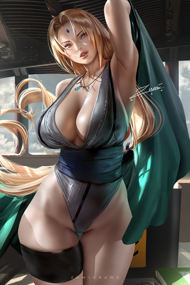 1girls, arm up, armpits, bare legs, big breasts, big hips, big thighs, blonde hair, breasts, cleavage, clothed, clothed female, curvy, female, female only, haori, huge breasts, large breasts, leotard, long hair, looking at viewer, naruto, naruto (series), no pants, pinup, solo, standing, thick thighs, thighhighs, tsunade, wide hips, zumi