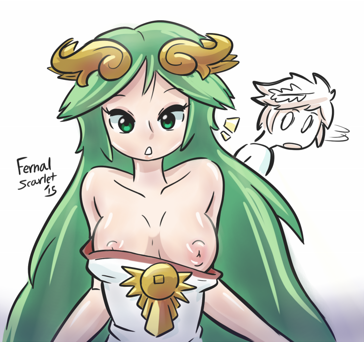 1boy 1girls bare_shoulders breasts dress_slip female fernal-scarlet goddess green_hair kid_icarus kid_icarus_uprising matching_hair/eyes medium_breasts nintendo palutena pit_(kid_icarus) topless very_long_hair wardrobe_malfunction