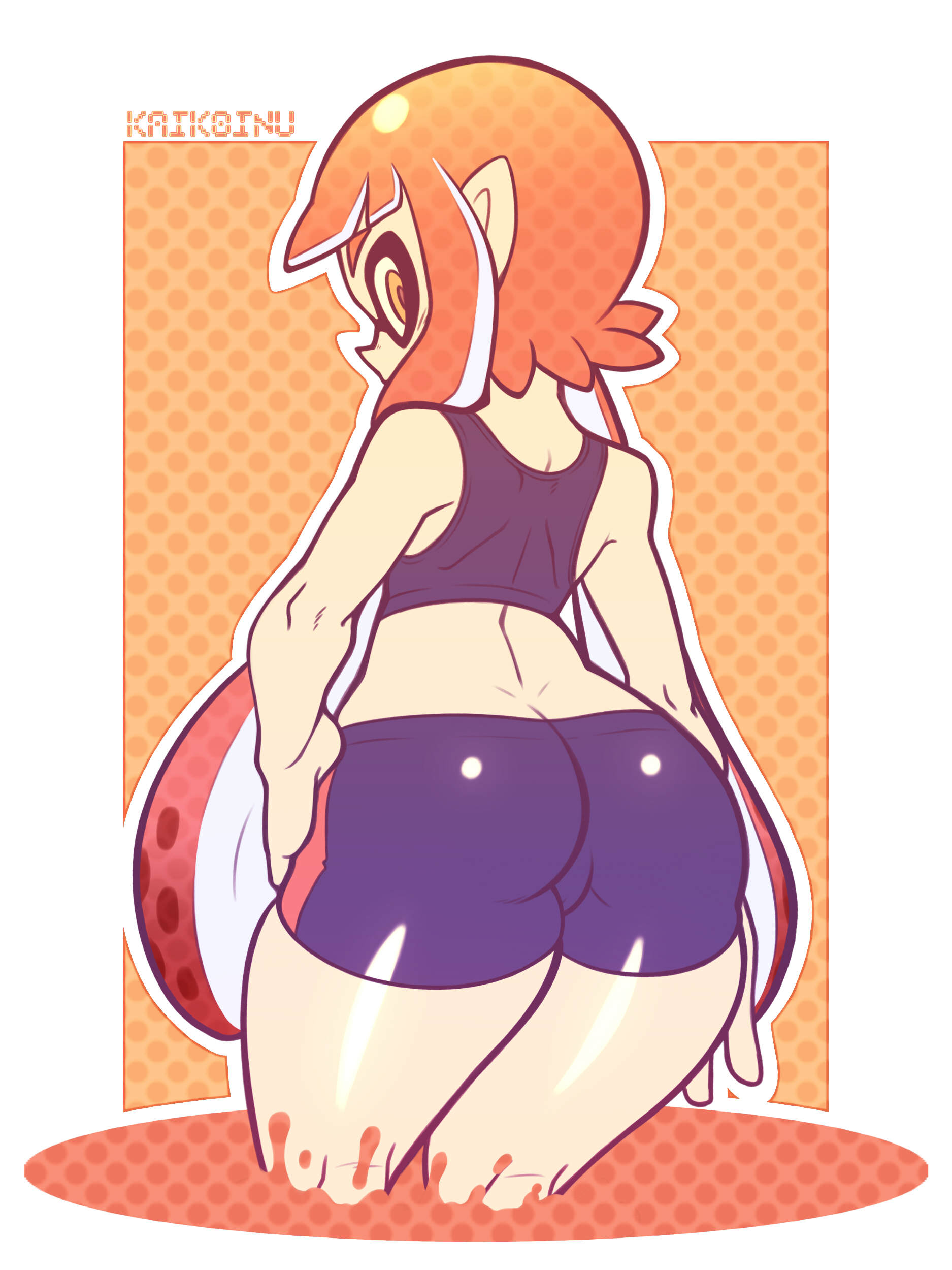 1girls, anthro, ass, big ass, booty shorts, cephalopod, cephalopod humanoid, female, humanoid, inkling, inkling girl, kaikoinu, kaori (splatoon), long hair, looking at viewer, looking back, mask (marking), nintendo, orange eyes, orange hair, pointy ears, pseudo hair, solo, splatoon, sports bra, squid, tentacle, tentacle hair, white skin