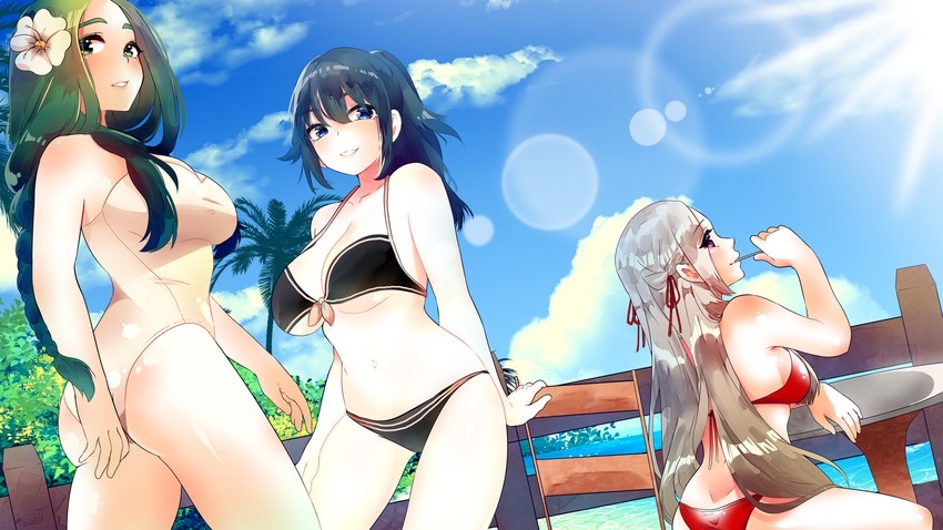 accessory ass bikini blue_eyes byleth_(fire_emblem) byleth_(fire_emblem)_(female) curvy edelgard_von_hresvelg female female_only fire_emblem fire_emblem:_three_houses flower flower_in_hair ggit green_eyes green_hair large_breasts moe nintendo platinum_blonde_hair plump rhea_(fire_emblem) smile stomach swimsuit teal_hair waifubot