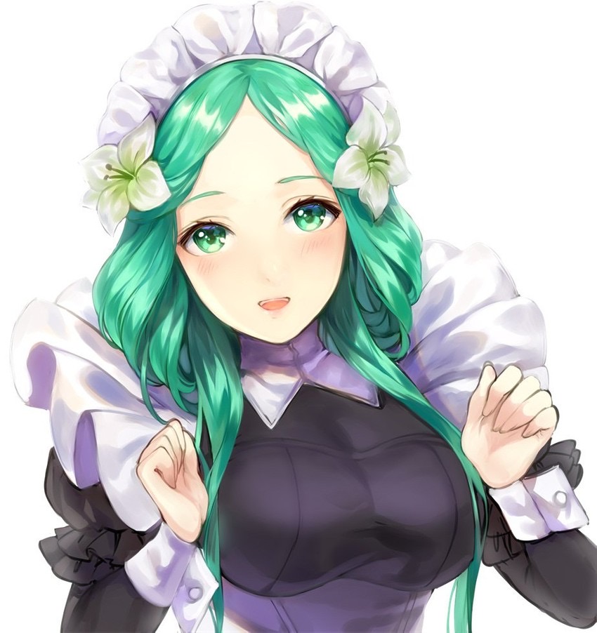 cute fire_emblem fire_emblem:_three_houses flower_in_hair green_eyes green_hair jurge large_breasts looking_at_viewer maid maid_headdress maid_uniform nintendo pose rhea_(fire_emblem) smile