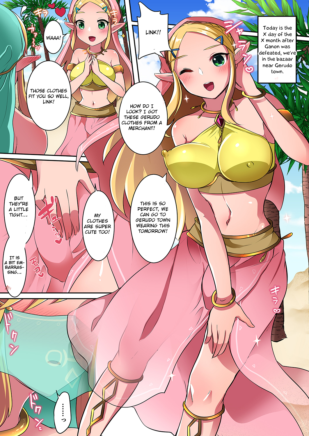 1boy 1futa aroused big_breasts blonde_hair blush breath_of_the_wild canon_crossdressing comic crossdressing femboy futanari gerudo_link gerudo_link_(cosplay) gerudo_top link link_(breath_of_the_wild) nipples princess_zelda runrun swana_clothing text the_legend_of_zelda trap zelda_(breath_of_the_wild)