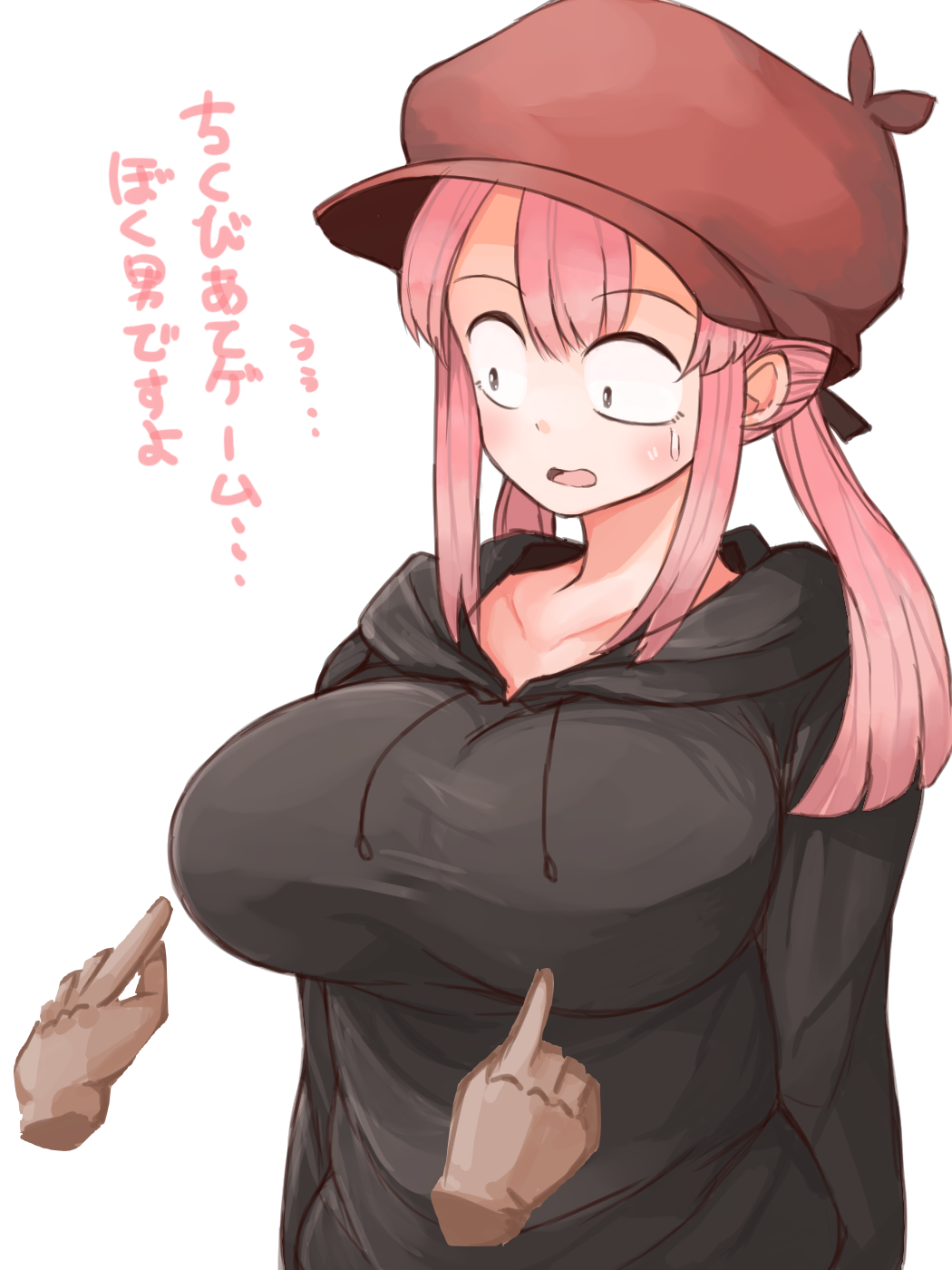 1girls big_breasts breast_padding female genderswap genderswap_(mtf) hands hat hoodie komi-san_wa_komyushou_desu pink_hair rule_63 tadano_hitohito