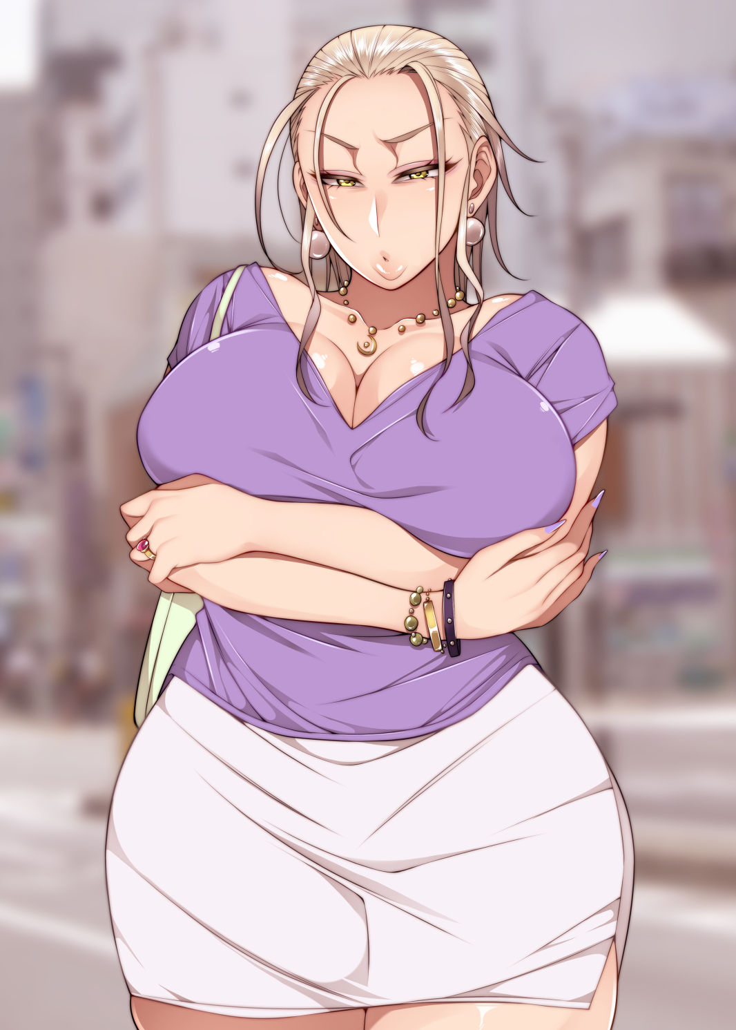 1girls, blonde hair, breasts, busty, cleavage, curvy, female, huge breasts, korotsuke, milf, nail polish, skirt, solo, solo female, standing, the creepy glasses girl, voluptuous