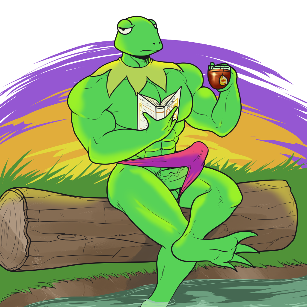 1:1 2019 abs amphibian anthro balls beverage big_muscles book bulge clothed clothing erection erection_under_clothing frog genitals grass green_balls green_body green_penis green_skin holding_book holding_object kermit_the_frog log male male_only muppets muscular muscular_male pecs penis sitting solo speedo swimwear tea teabag tenting the_purple_wolf_guy topless underwear vein veiny_penis water wood