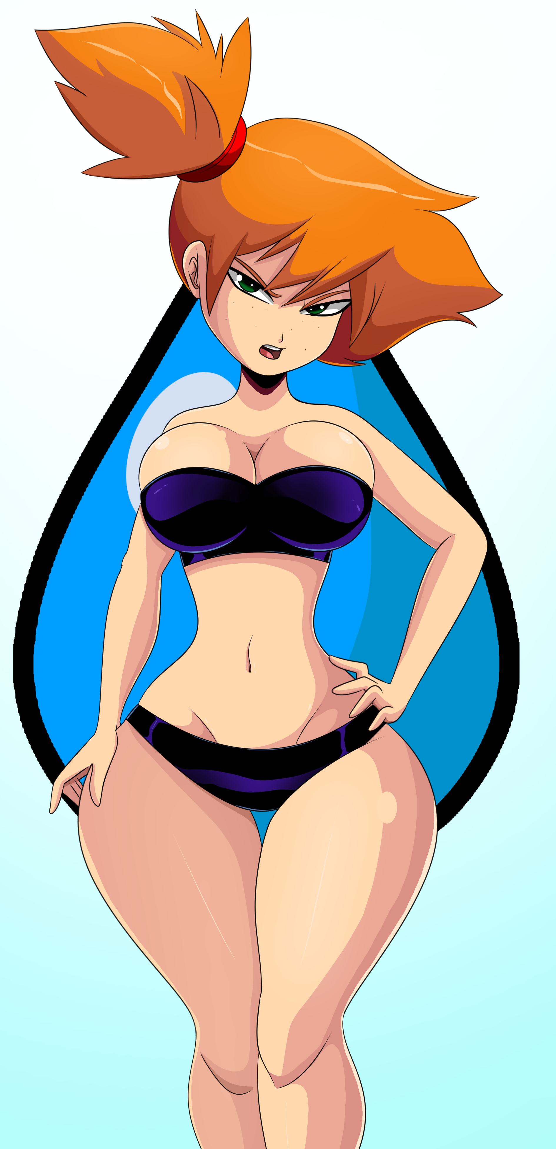 1girls, angry, big breasts, bikini, breasts, female, female only, green eyes, human, kasumi (pokemon), large breasts, nintendo, orange hair, pokemon, solo, sonson-sensei, wide hips