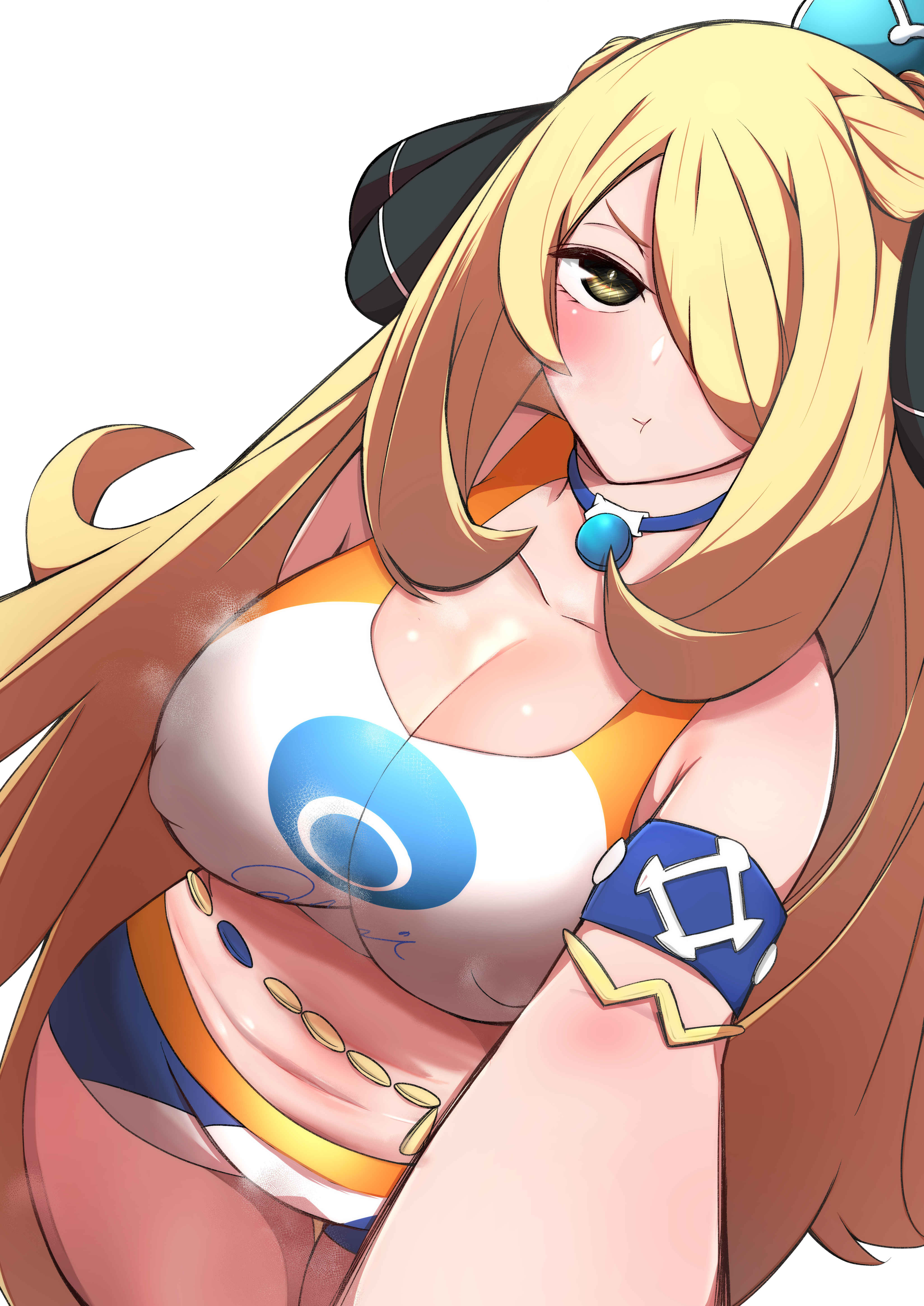 :t, 1girls, armlet, blonde hair, blush, breasts, brown hair, choker, clavicle, cleavage, closed mouth, cosplay, crop top, cynthia (pokemon), double bun, erect nipples, erect nipples under clothes, female, hair ornament, hair over one eye, high resolution, human, indoors, jewelry, kikikitama, large breasts, long hair, looking at viewer, navel, nessa (pokemon) (cosplay), nintendo, nipples, pokemon, pokemon dppt, pokemon ss, pouting, rurina (pokemon) (cosplay), self shot, shirona (pokemon), shorts, thigh gap, thighs, tied hair, twintails, upper body, very high resolution, very long hair, white background, yellow eyes