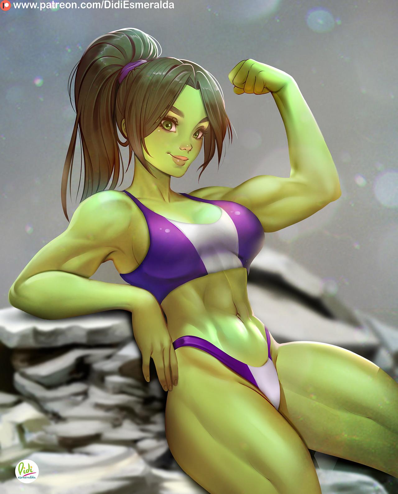 1girls, abs, big breasts, breasts, didi esmeralda, female, female only, flexing, flexing bicep, green hair, green skin, hulk (series), looking at viewer, marvel, marvel comics, muscles, muscular, muscular female, panties, ponytail, she-hulk, smile, solo, solo female, sports bra, tied hair, toned, toned female