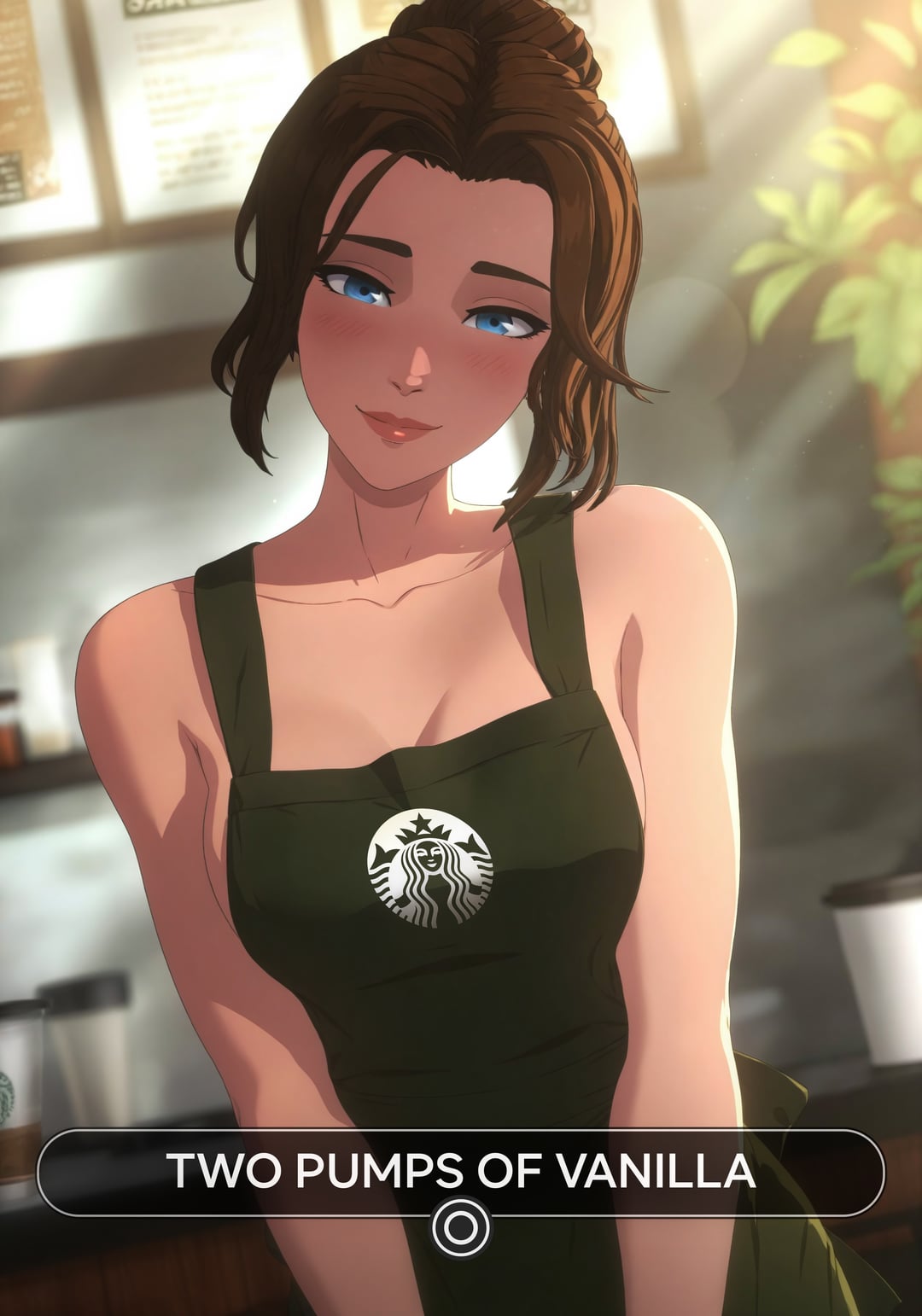 ai generated, apron, blonde blazer, blue eyes, blush, breasts, breasts out of clothes, brown hair, cafe, clothing, dispatch (game), earrings, female, female only, green apron, hadaka apron, high resolution, huge breasts, jewelry, large breasts, long hair, looking at viewer, mandy (dispatch), penguaiart, shoulders, smile, smiling at viewer, solo, solo female, standing, starbucks, starbucks barista, starbucks meme, starbucks parody, starbucks uniform, tagme, tied hair, waitress, wide hips