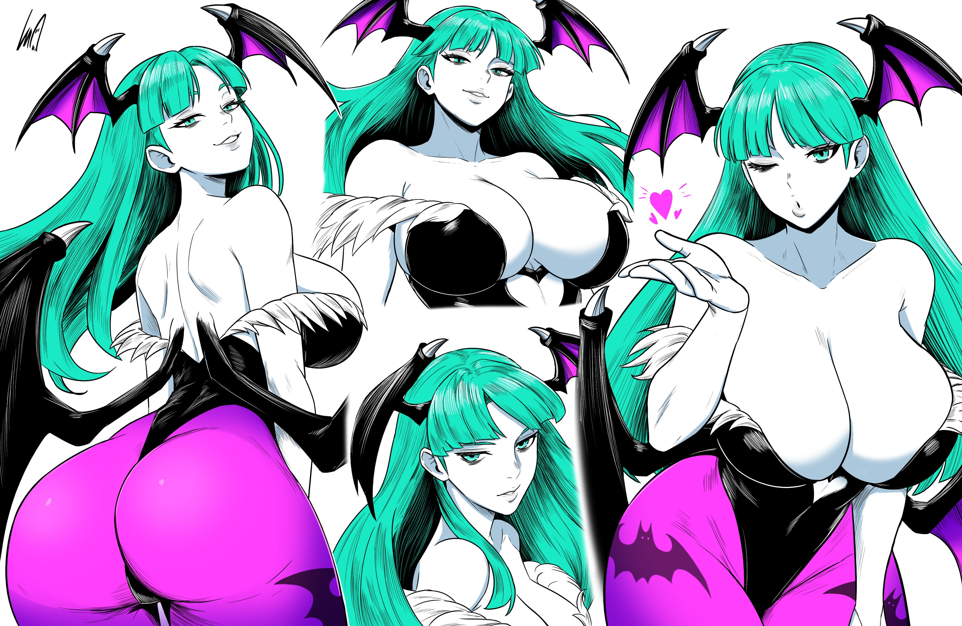 1girls, animal print, ass, bare shoulders, bat print, bat wings, big breasts, black leotard, breasts, bridal gauntlets, cleavage, collarbone, darkstalkers, eye bags, eyebags, female, female only, head wings, heart, heart cutout, huge breasts, large breasts, leotard, long hair, looking at viewer, low wings, lughost, morrigan aensland, multiple views, one eye closed, pantyhose, parted lips, print legwear, purple legwear, purple wings, simple background, smile, strapless leotard, striped, succubus, thigh gap, white background, wings