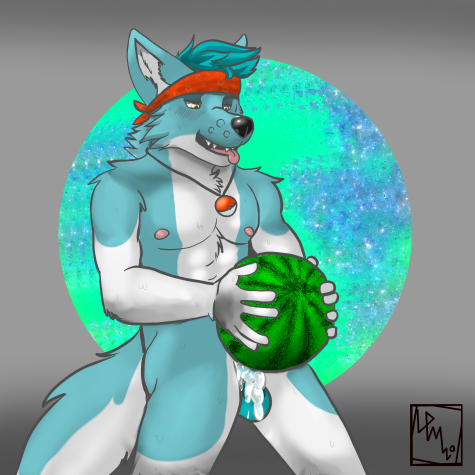 1:1 anthro anthro_penetrating blue_fur bodily_fluids canid canine canis cum cum_inside food fruit fucking_a_fruit genital_fluids genitals holding_(disambiguation) husky_hybrid hybrid low_res male male_only male_penetrating mammal melon nicohhusky nicothepinkhusky penetration penis plant simple_background watermelon watermelon_sex white_fur wolfdog