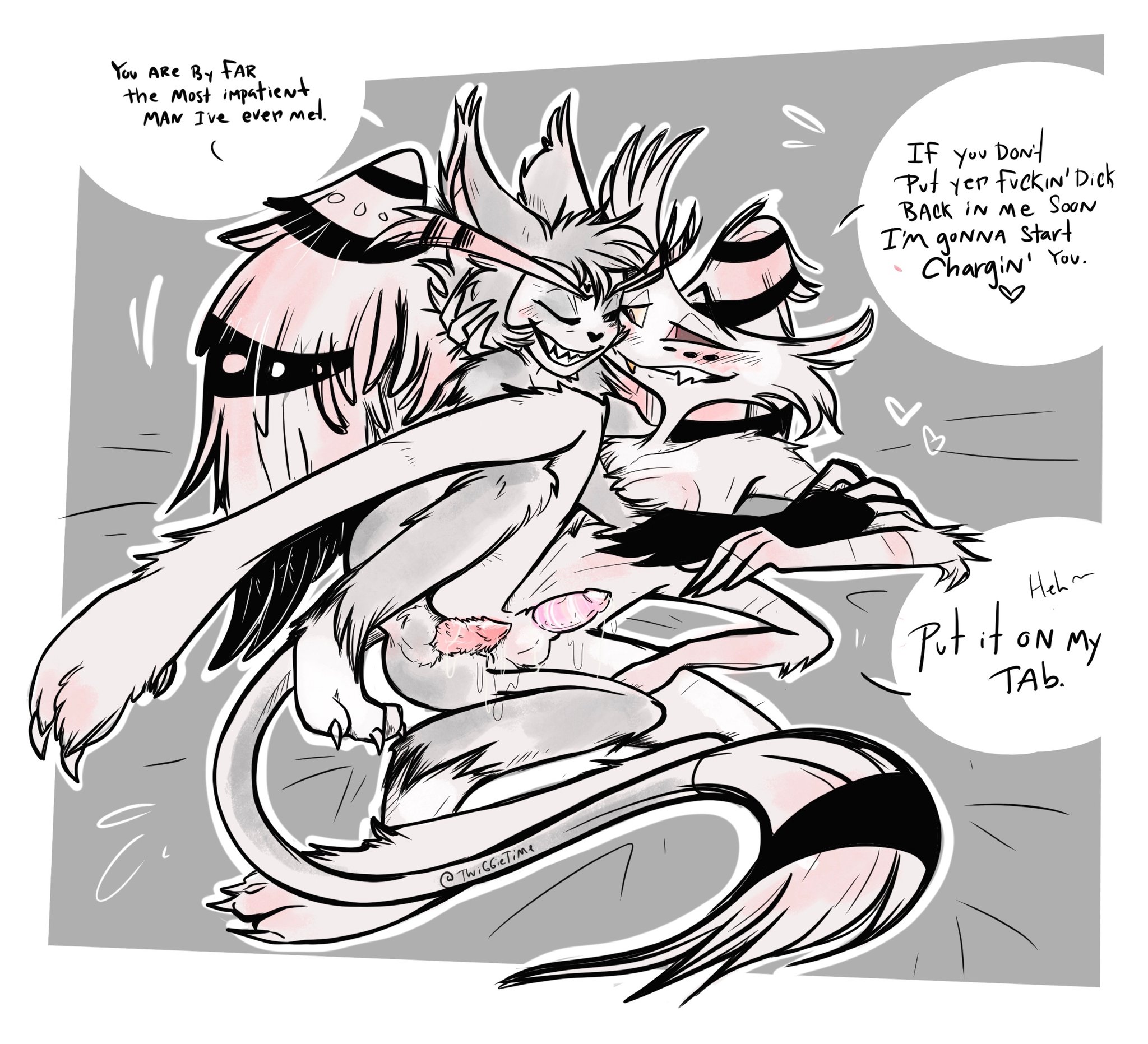 2boys, 4 arms, anal, anal penetration, anal sex, angel dust (hazbin hotel), anthro, barbed penis, bed, bedroom, black sclera, dialogue, english text, femboy, furry, game cg, gay, gay sex, hazbin hotel, husk (hazbin hotel), indoors, male/male, monochrome, one eye closed, penis, sharp teeth, source request, speech bubble, text, twiggietime, twink, wings, yaoi