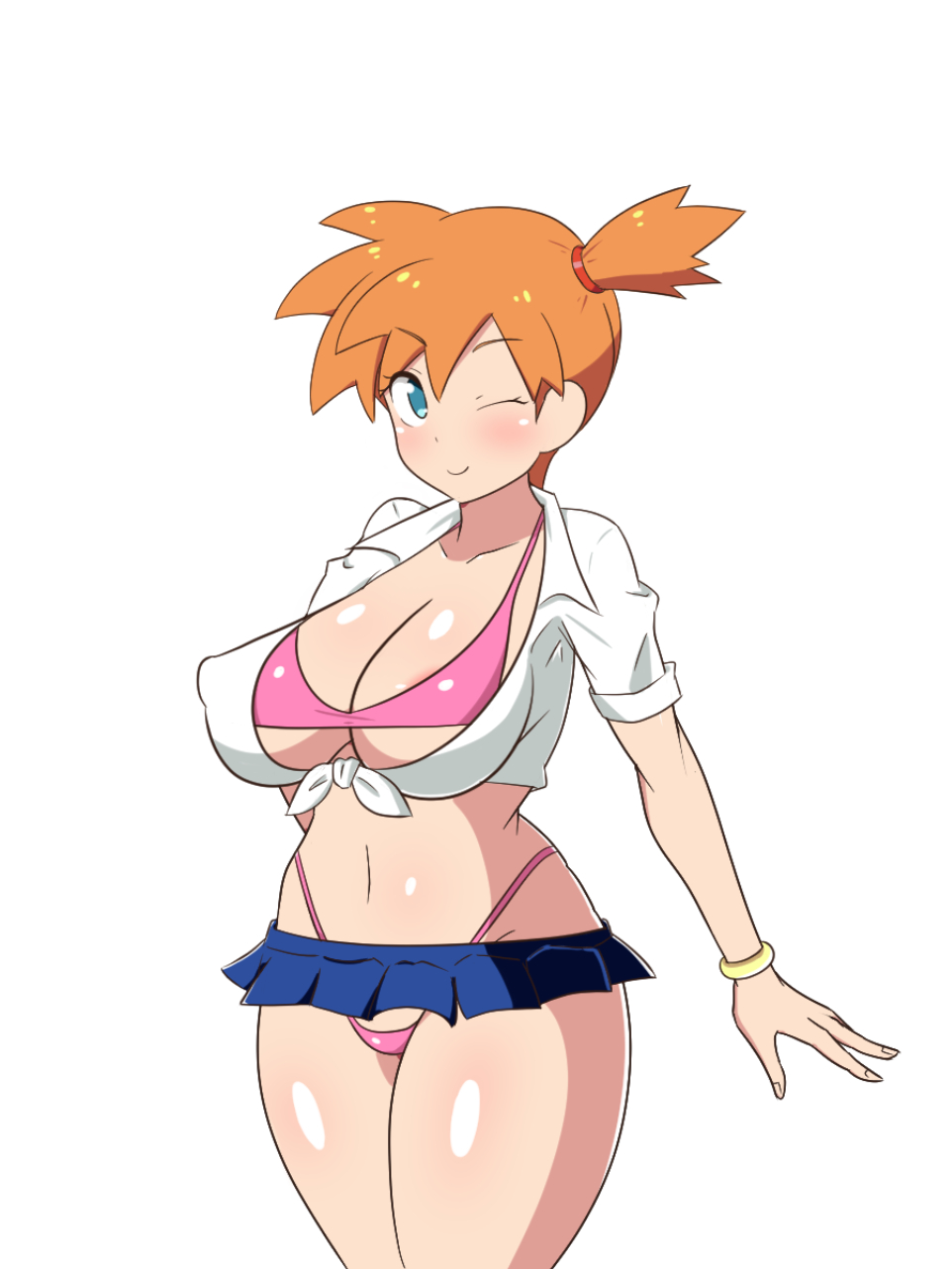 1girls, alternate breast size, big breasts, bikini, blush, breasts, dd (artist), female, female only, green eyes, human, kasumi (pokemon), large breasts, misty (pokemon), nintendo, nipples, orange hair, pokemon, skirt, solo, tied shirt