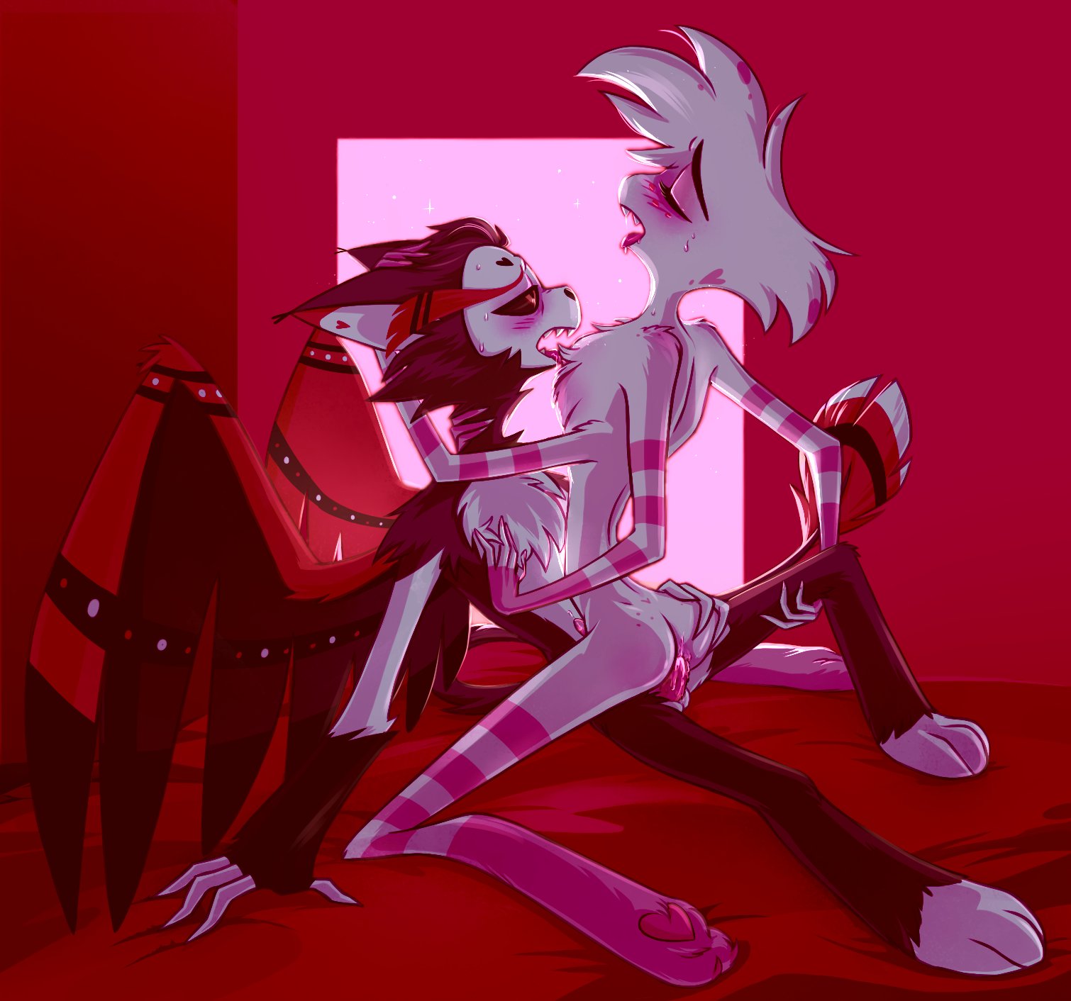 2boys, 4 arms, anal, anal penetration, anal sex, angel dust (hazbin hotel), anthro, artist request, bed, bedroom, blush, femboy, furry, gay, gay sex, hazbin hotel, husk (hazbin hotel), indoors, male, male only, male/male, penis, red background, sex, source request, tongue, tongue out, wings, yaoi