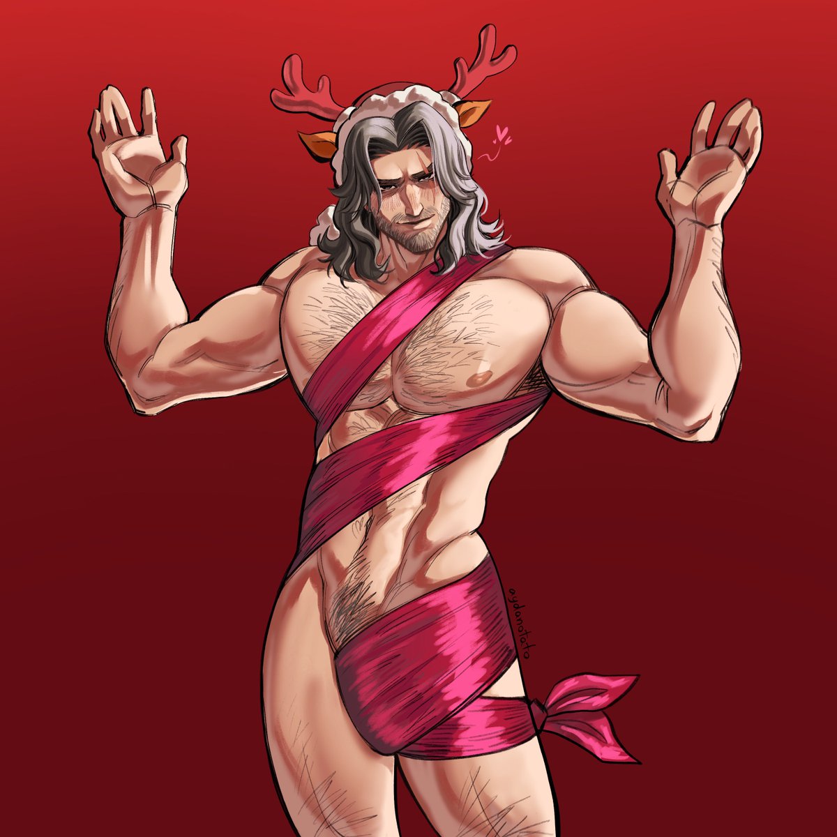 absolute cinema, aydanotato, bara, big pecs, bucky barnes, christmas, holidays, male, male only, marvel, marvel rivals, muscular, muscular male, nude guy wrapped in ribbons standing (meme), red ribbon, reindeer antlers, solo, standing, tied up, white hair, winter soldier, winter soldier (marvel rivals), winter soldier (winter buckaroo)