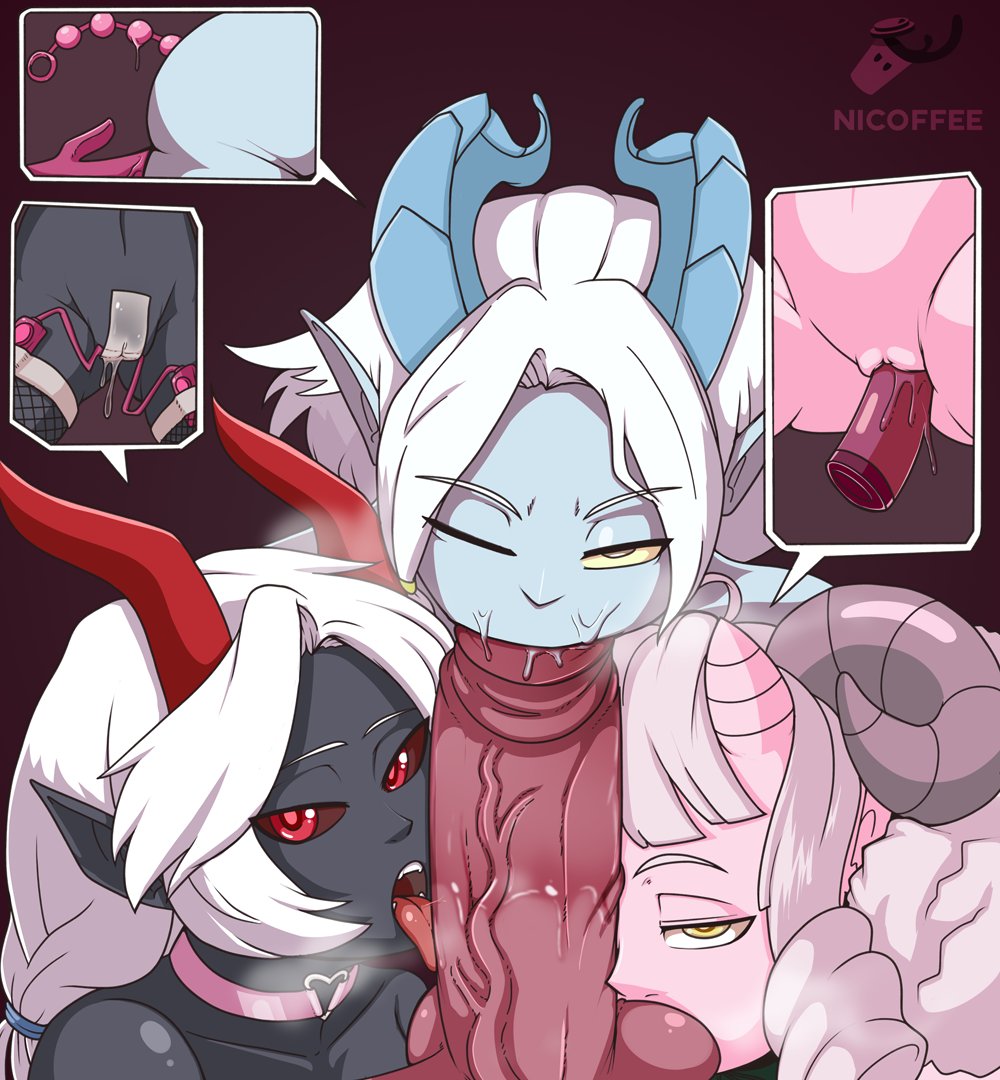 balls, choker, close-up, collaborative fellatio, dildo, eye contact, fellatio, female, horns, huge cock, licking balls, licking penis, male, male pov, nicoffee, oral, original, original character, penis, pointy ears, pov, pussy, red eyes, sucking balls, sucking testicles, testicles, vaginal penetration, veiny penis, vibrator, white hair