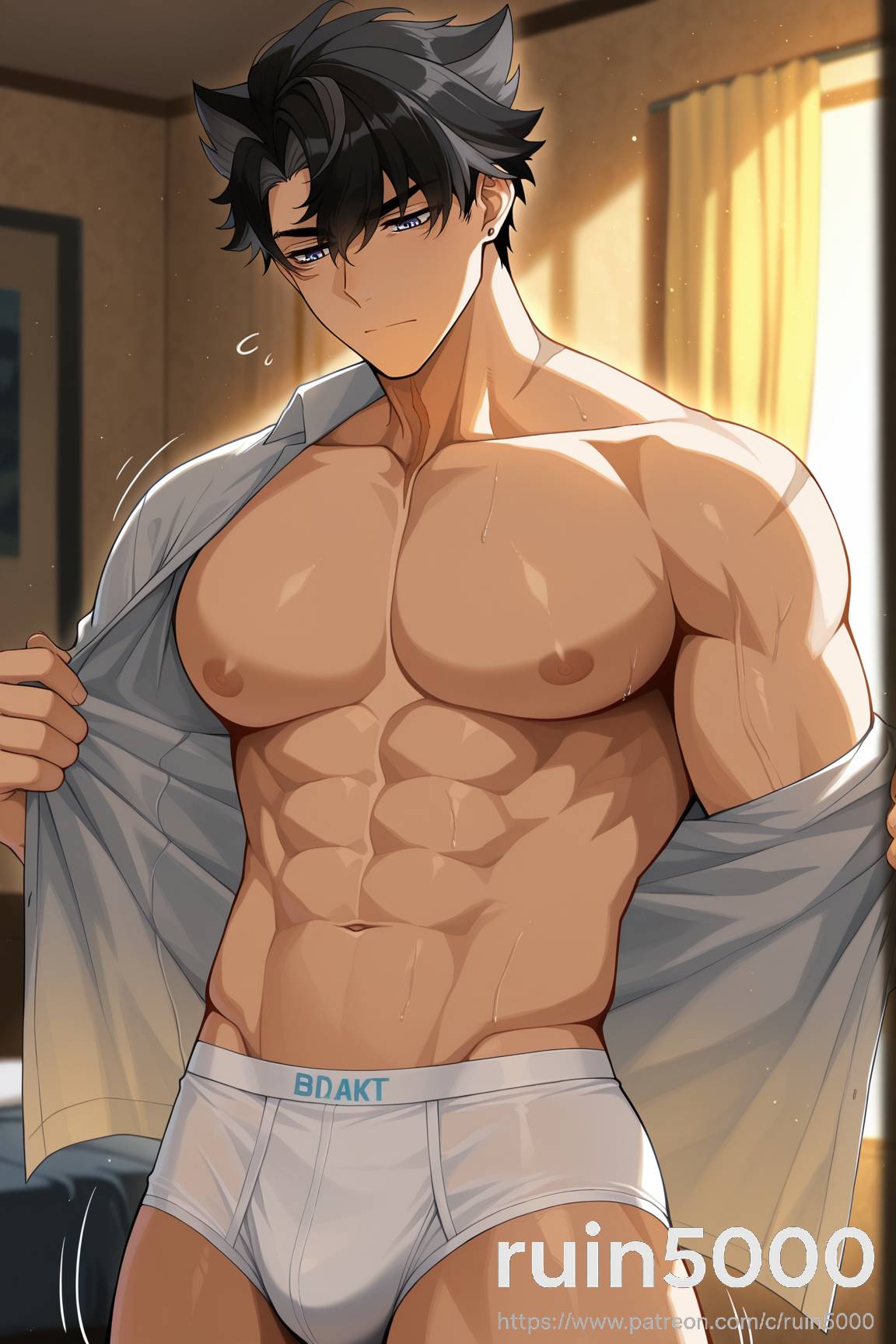 ai generated, bara, gay, genshin impact, male, male focus, male only, muscular, muscular male, ruin50001, wriothesley (genshin impact), yaoi