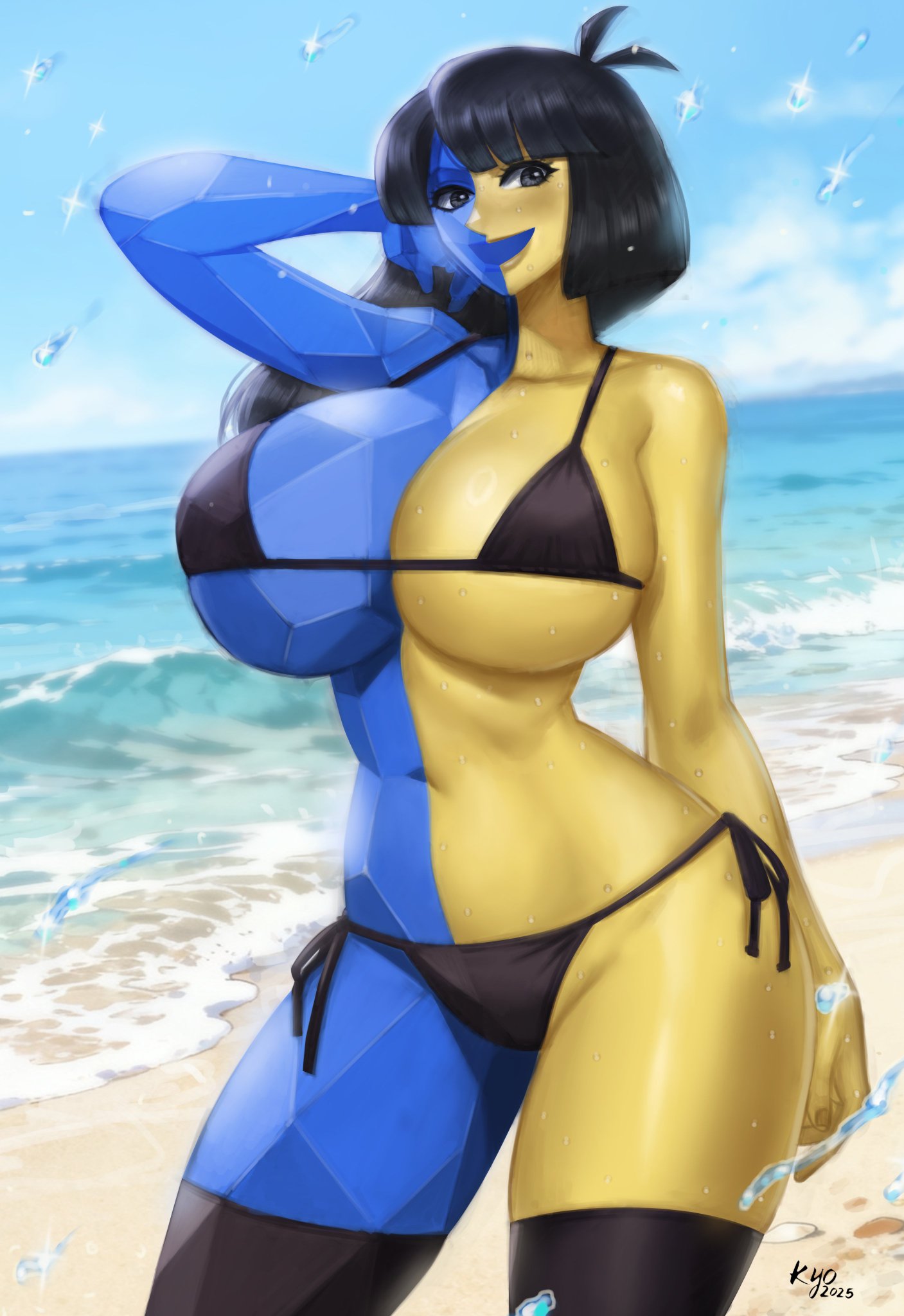 beach, big breasts, bikini, black hair, busty, curvy, ena, ena (series), hourglass figure, joel g, kyopink, peruvian female, tagme, thick thighs, thighhighs, two-tone body