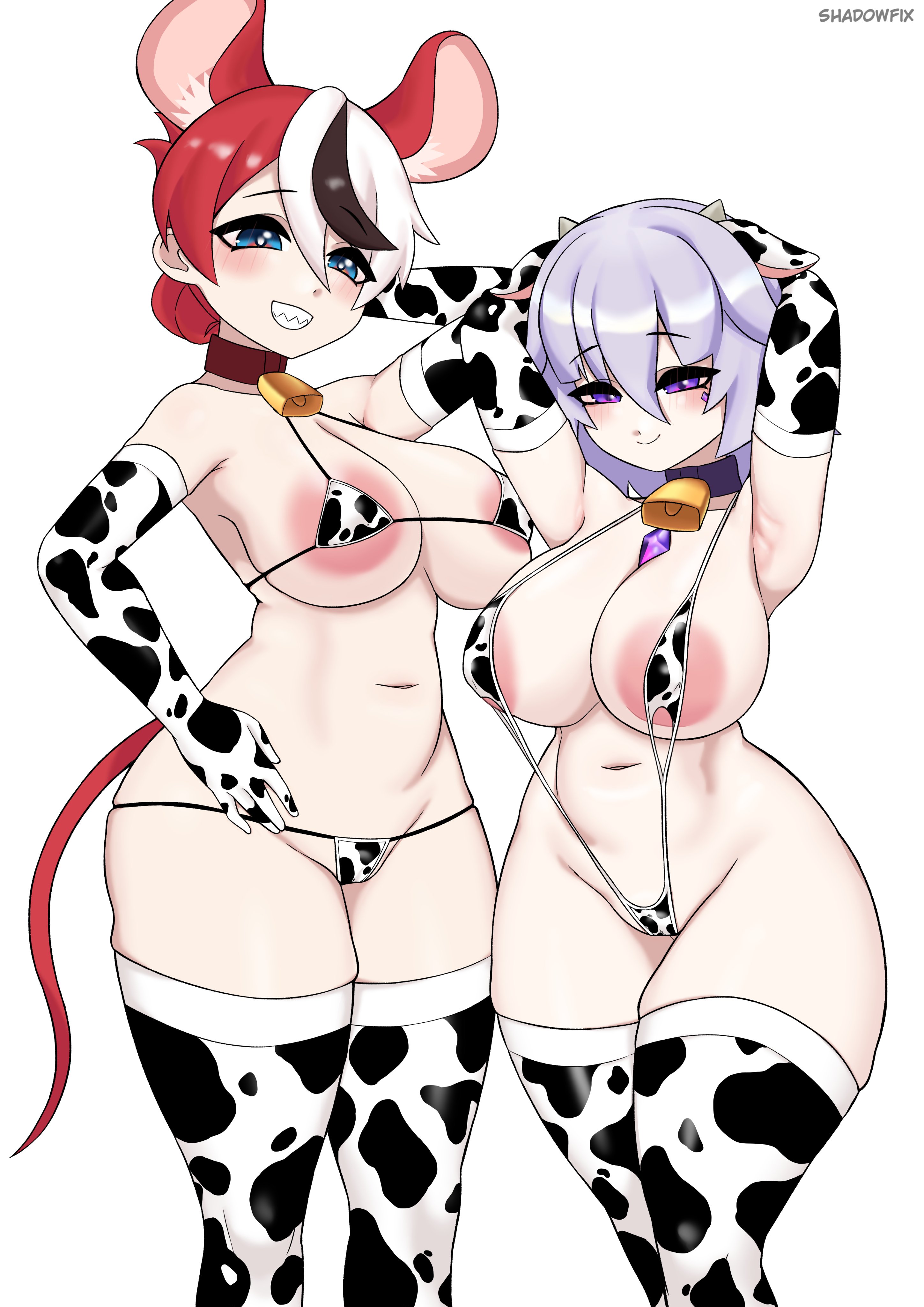2girls, areolae, areolae peeking, armpit peek, armpits, arms behind head, belly, belly button, big areola, big breasts, bikini, breasts, breasts bigger than head, busty, busty female, cow print, cow print bikini, cowbell, female, female focus, hips, hololive, hololive english, holomilfs, huge breasts, large areolae, large breasts, light-skinned female, mama rat, mama rat (hakos baelz), massive breasts, mature, mature female, milf, milfs, momseki, mother, purple eyes, purple hair, rat ears, red hair, shadowfix, shortstack, sleeveless, sling bikini, slingshot swimsuit, stockings, tagme, thick thighs, thighhighs, thighs, virtual youtuber, voluptuous, voluptuous female, vtuber, wide hips, wide thighs