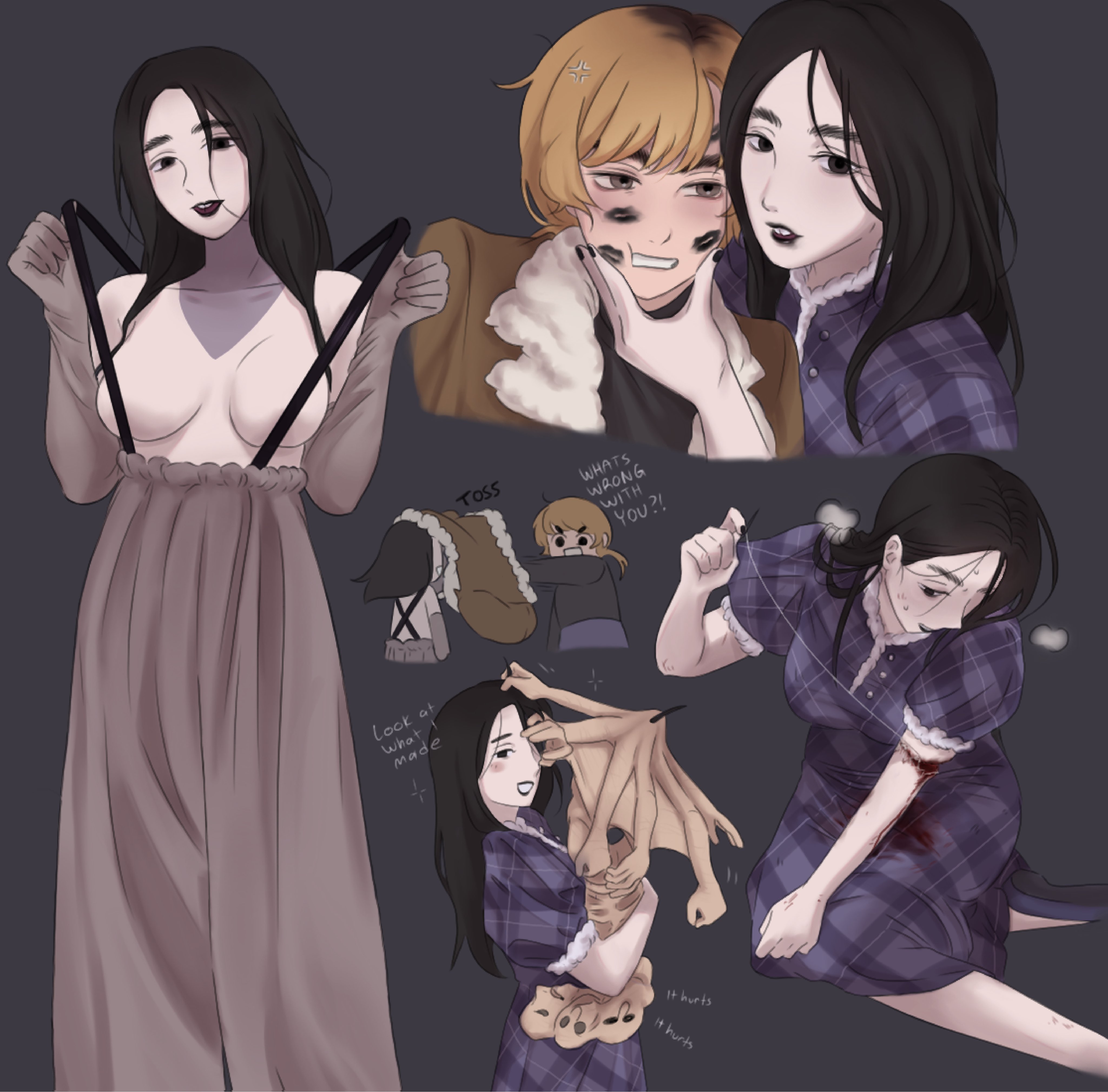 2girls, black eyes, black hair, black lipstick, blonde hair, blood, chibi, covered nipples, elise von dutch, fear and hunger, fear and hunger: termina, female, female only, karin (fear and hunger), kiss mark, kiss marks, lipstick mark, long hair, looking at viewer, no bra, pale skin, pale-skinned female, scaredandhungr, stitches (fear and hunger), suspenders, tooth gap, topless, topless female, yuri