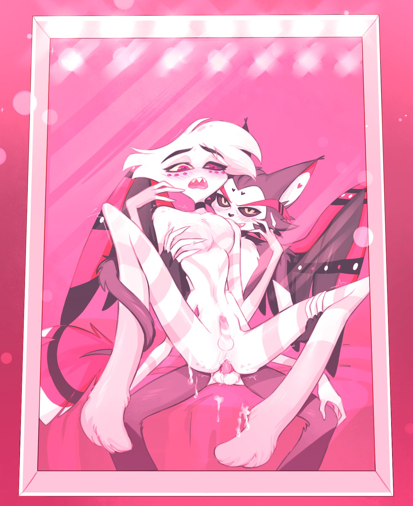 4 arms, anal, anal sex, angel dust (hazbin hotel), artist request, bed, black sclera, collar, cum, femboy, furry, gay, gay sex, hazbin hotel, husk (hazbin hotel), indoors, mirror, mirror reflection, sex, sharp teeth, source request, wings, yaoi
