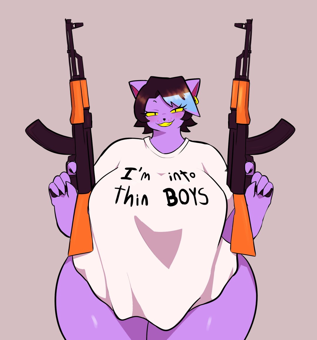ak-47, anthro, bbw, big ass, black hair, bottomless, cat ears, catgirl, catty (undertale), catty cattenheimer, chubby, chubby female, feline, female, gun, large ass, overweight, overweight female, plump, purple fur, rifle, samirachuni, short hair, t-shirt, undertale, undertale (series)