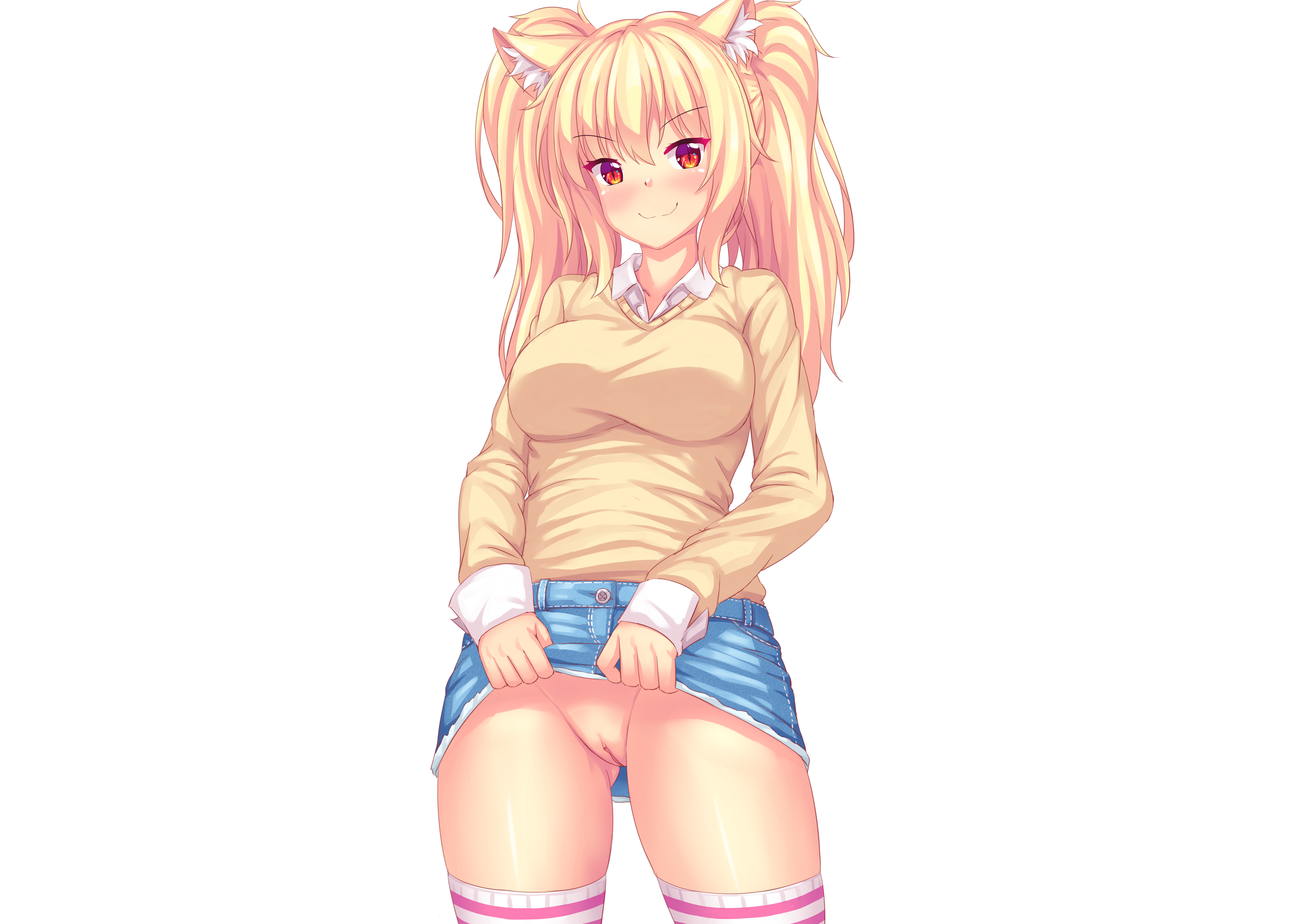 animal ears, blonde hair, cat girl, catgirl, female, nopan, original, pussy, red eyes, shirt, skirt, skirt lift, thighhighs, tiffy, tiffynyaa, twintails, uncensored, white