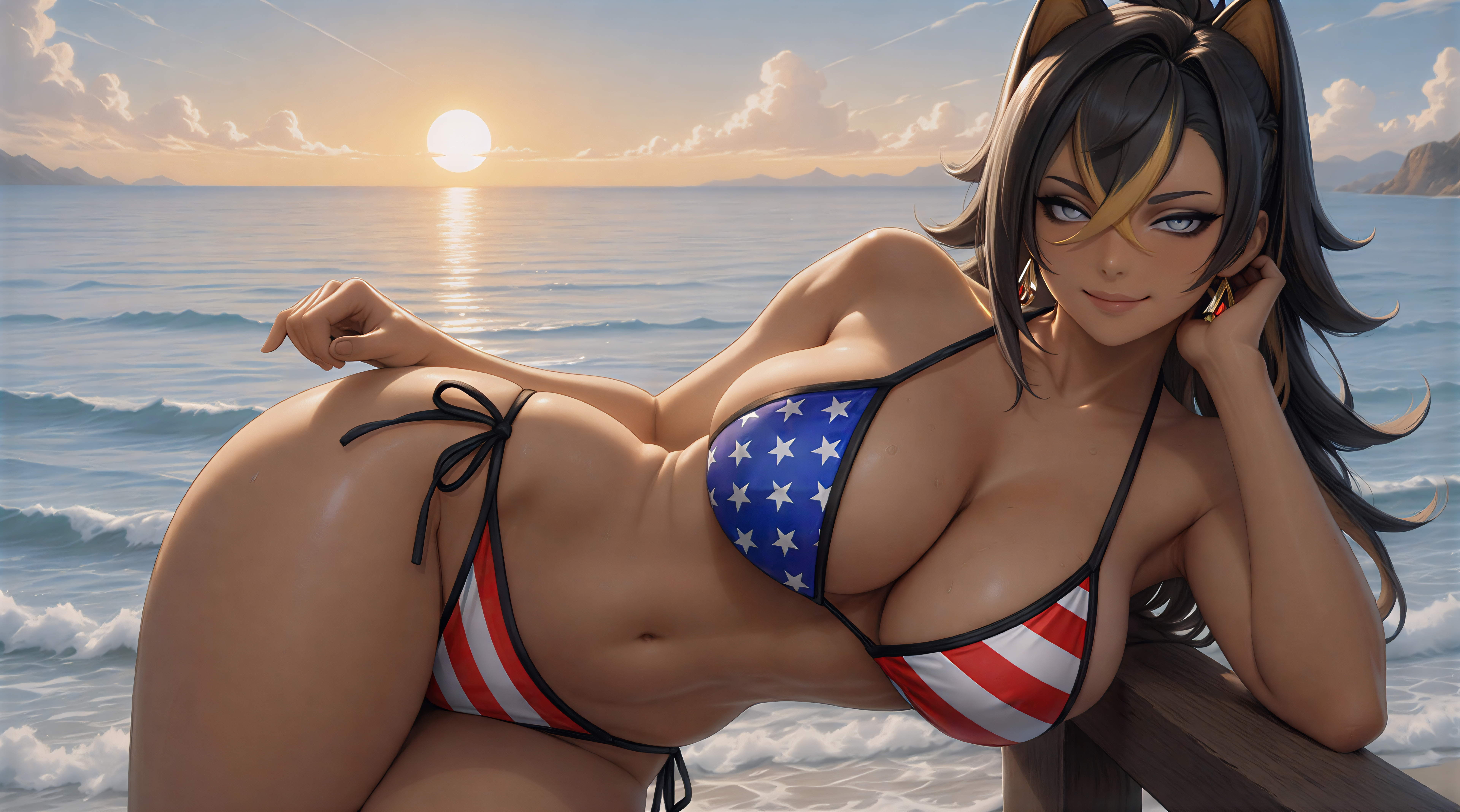 1girls, 4k, 4k resolution, 8k, ai generated, american flag bikini, animal ears, beach, bikini, black hair, blonde hair, dehya (genshin impact), earrings, female, female focus, genshin impact, hi res, high quality, high res, high resolution, hires, large breasts, looking at viewer, multicolored hair, silver eyes, solo, solo female, sumeru girls, tagme, two-tone hair, upscaled, white eyes
