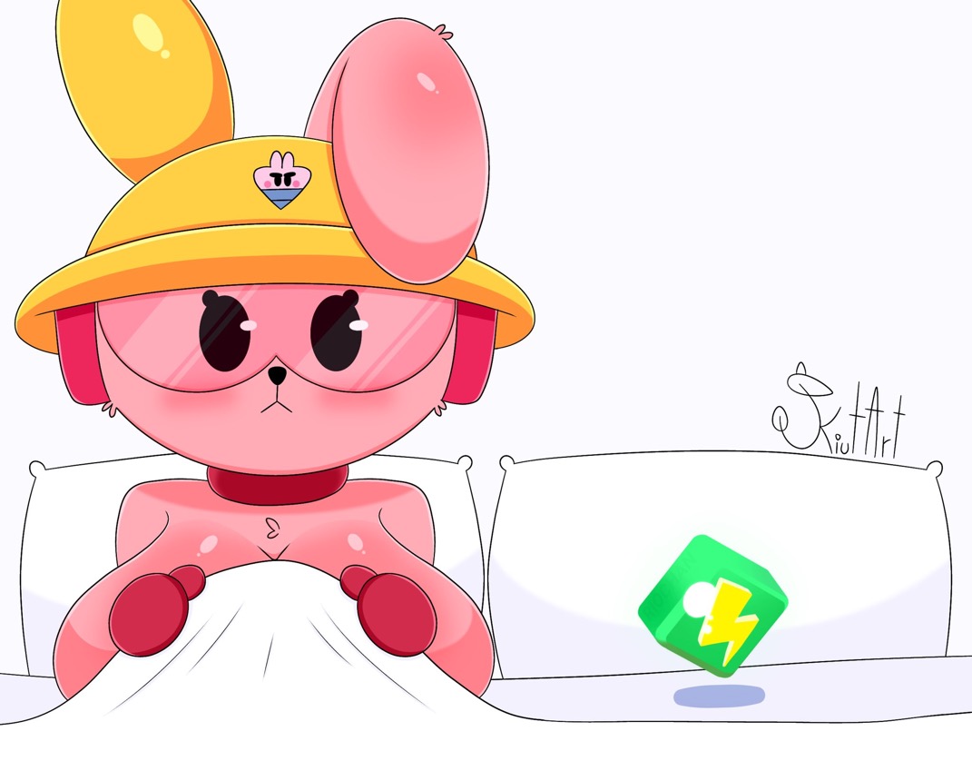 after sex, bed, bed sheet, big breasts, brawl stars, bt21, construction helmet, cooky (bt21), defeated, jacky (brawl stars), jacky cooky (brawl stars), kiut arts, line (app), power cube, rabbit, usagi, visor, visor cap