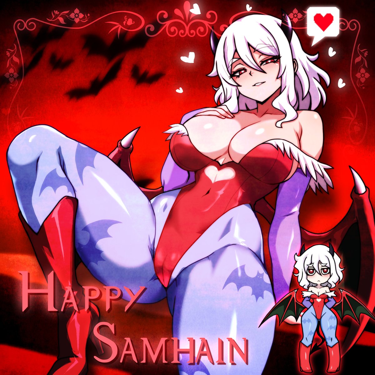 1:1, 1girls, animal print, bare shoulders, bat print, bat wings, big breasts, black horns, black tail, blue pantyhose, blush, breasts, bridal gauntlets, cleavage, cosplay, darkstalkers, demon girl, demon horns, demon tail, female, female only, fujita yoshinobu (ksk oda), halloween, happy halloween, heart, heart-shaped pupils, helltaker, highleg, highleg leotard, highres, horns, huge breasts, large breasts, leotard, lilith (darkstalkers), lilith (darkstalkers) (cosplay), lilith aensland, lilith aensland (cosplay), looking at viewer, modeus (helltaker), pantyhose, print pantyhose, red eyes, red leotard, ribbed sweater, smile, solo, sweater, symbol-shaped pupils, tail, white hair, wings