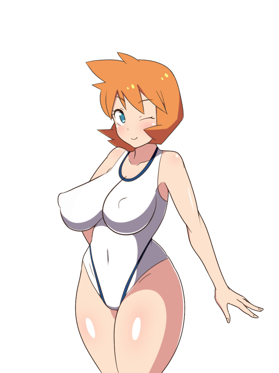 1girls, big breasts, bikini, blush, breasts, dd (artist), female, female only, green eyes, human, kasumi (pokemon), large breasts, misty (pokemon hgss), misty (pokemon), nintendo, nipples, orange hair, pokemon, pokemon gsc, pokemon hgss, solo, swimsuit