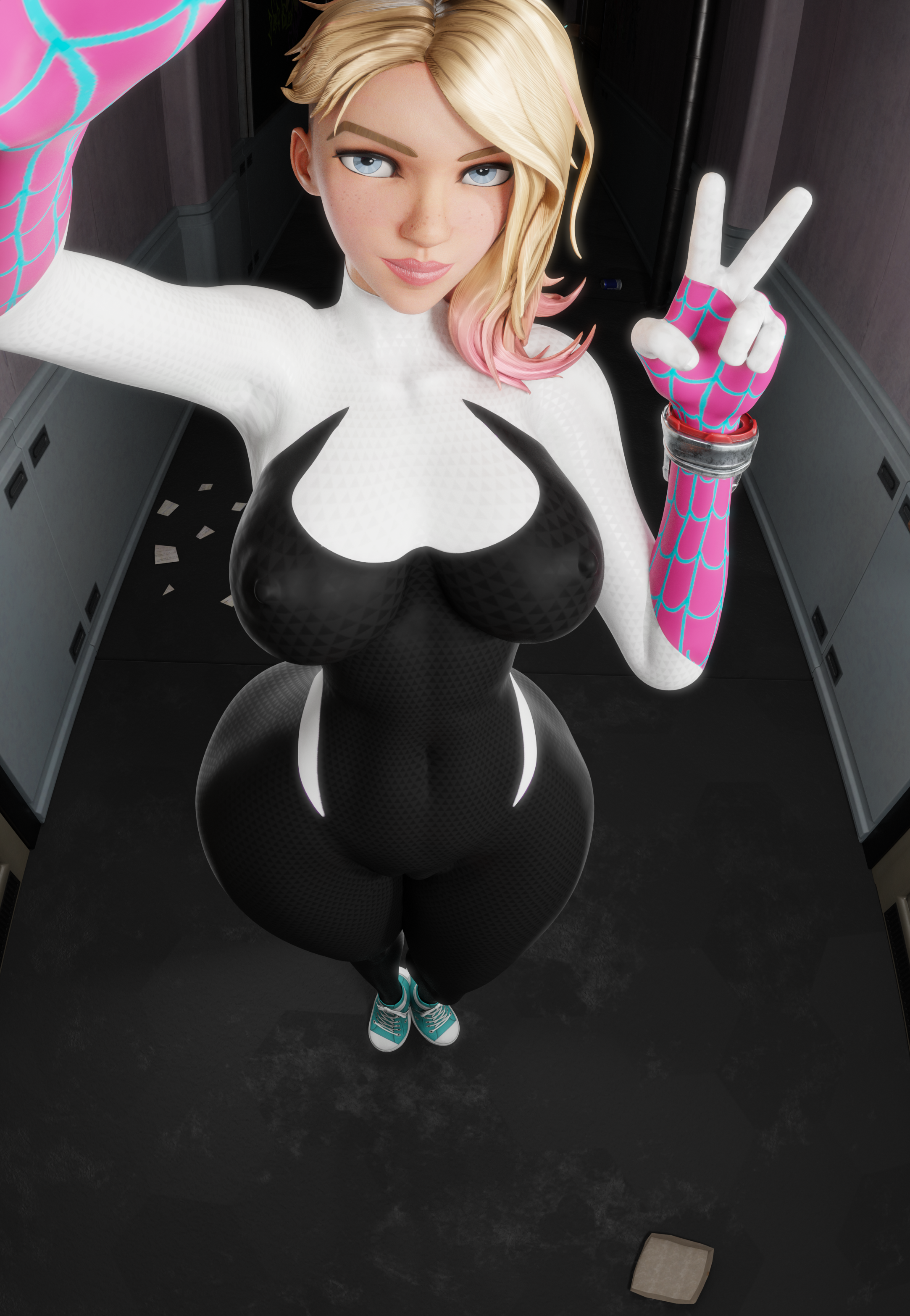 1girls, 2024, 3d, alternate version available, ass, ass focus, big ass, big balls, big breasts, big butt, big thighs, blender, blonde female, blonde hair, blue eyes, bodysuit, breasts, butt focus, converse, curvaceous, curvy, erect nipples, erection under clothes, eye contact, female, female focus, female only, full body suit, full color, gwen stacy, gwen stacy (spider-verse), hd, high quality, high resolution, highres, huge ass, huge breasts, huge butt, intersex, large thighs, marvel, marvel comics, naughty, naughty face, naughty smile, peace sign, phone, seductive, seductive eyes, seductive look, seductive mouth, seductive pose, selfie, sensual, sexy, short hair, skin tight, smile, smiling, smiling at viewer, spider-gwen, spider-man (series), spider-man: across the spider-verse, spider-man: into the spider-verse, tight clothing, voluptuous, zzzxxxccc