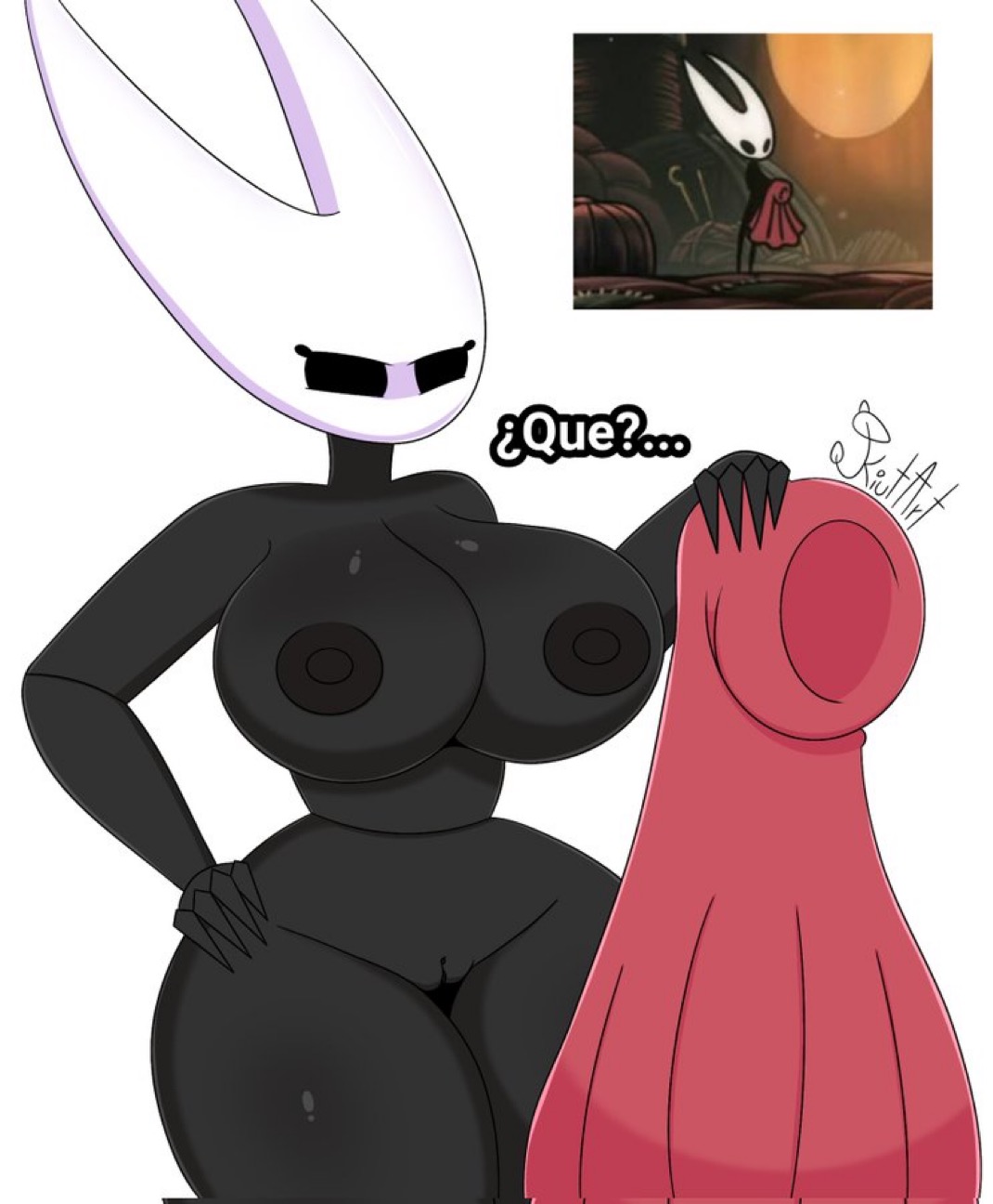 arachnid, big breasts, cape, confused, hollow knight, hollow knight: silksong, hornet (hollow knight), kiut arts, pussy, spanish text, thick thighs
