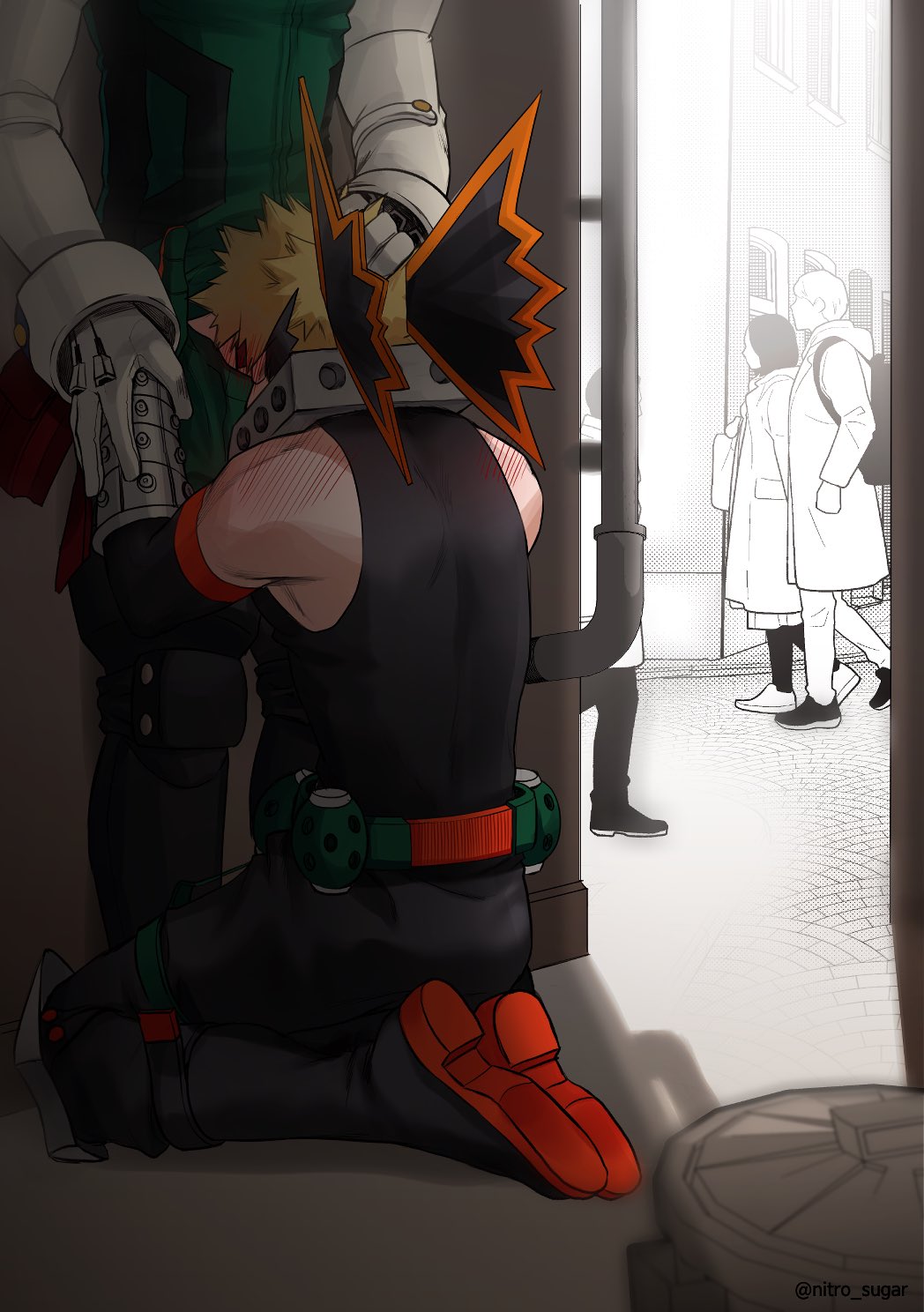 2boys, alley, blonde hair, blowjob, blush, deku, dynamight, gay blowjob, hand on head, hero outfit (mha), izuku midoriya, katsuki bakugou, male, my hero academia, nitro sugar, on knees, yaoi