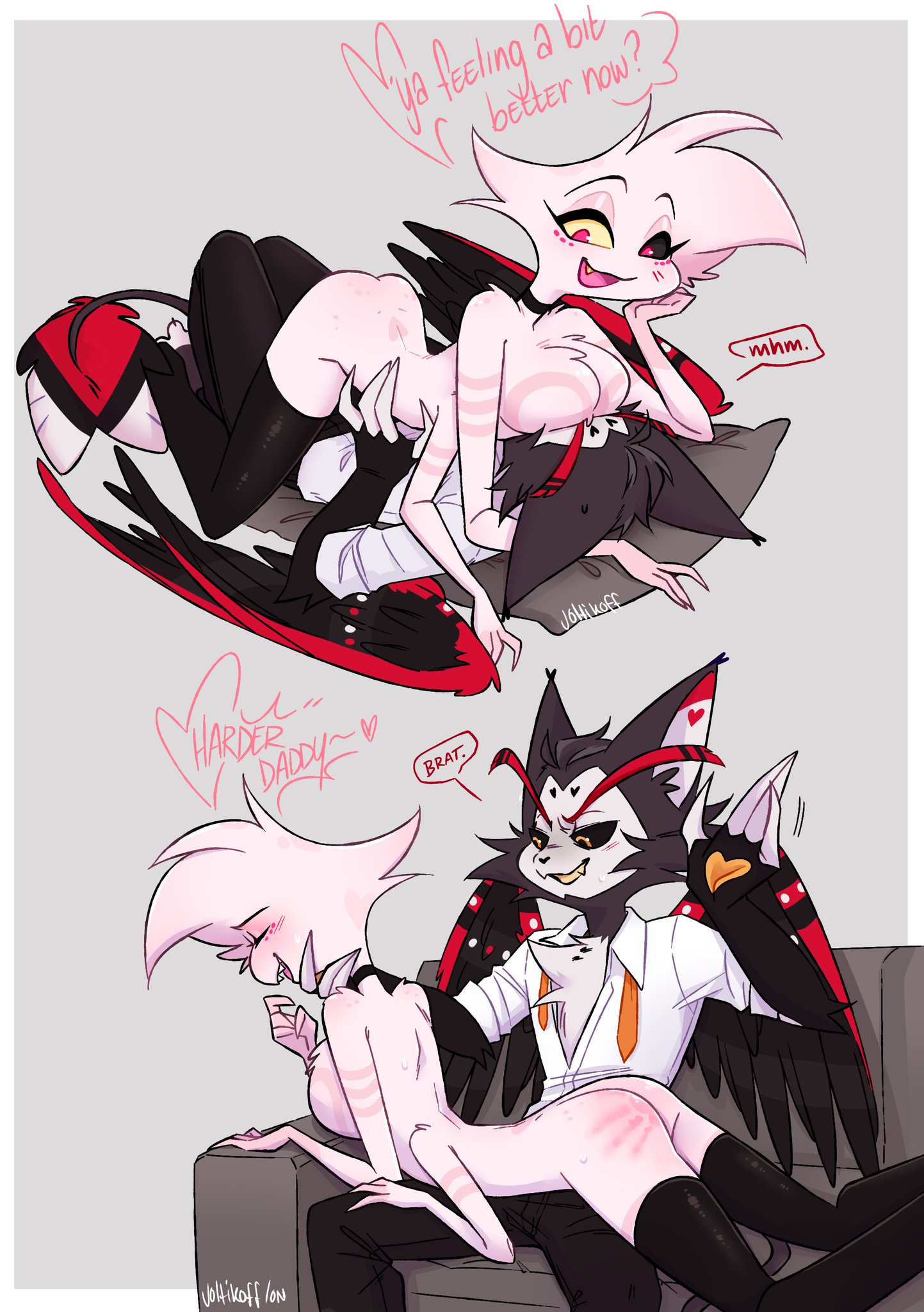 2boys, 4 arms, angel dust (hazbin hotel), anthro, artist name, artist request, artist signature, ass, black sclera, blush, brat, breasts, breasts on head, couch, daddy, daddy kink, dialogue, english text, fangs, femboy, furry, gay, gay sex, grey background, hazbin hotel, husk (hazbin hotel), male, male only, male with breasts, male/male, sharp teeth, signature, simple background, sitting, source request, spanking, speech bubble, suit, tail, text, tie, twink, wings, yaoi