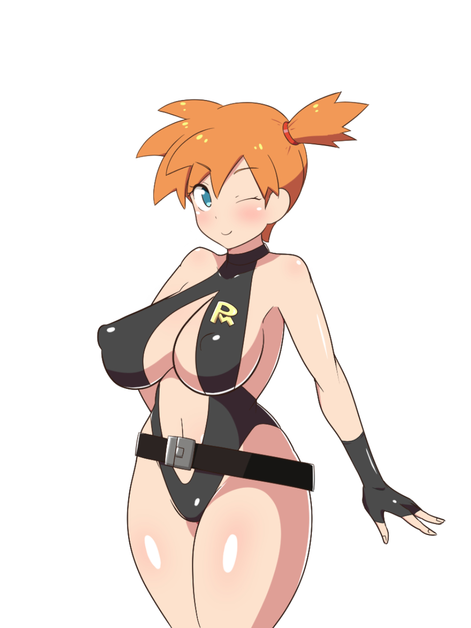 1girls, alternate breast size, big breasts, bikini, blush, breasts, dd (artist), female, female only, green eyes, human, kasumi (pokemon), large breasts, misty (pokemon), nintendo, nipples, orange hair, pokemon, pokemon rgby, sling bikini, solo, swimsuit, the electric tale of pikachu