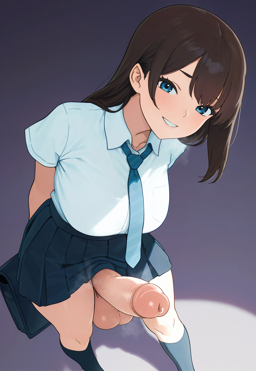 1girl, arms behind back, black skirt, blue eyes, blue necktie, breasts, brown hair, collared shirt, erection, feet out of frame, futanari, grin, highres, huge penis, huge testicles, large breasts, leaning forward, long hair, looking at viewer, necktie, original, penis, pleated skirt, precum, school uniform, shirt, shirt tucked in, short sleeves, skirt, smile, solo, standing, testicles, uncensored, white shirt, zoryc