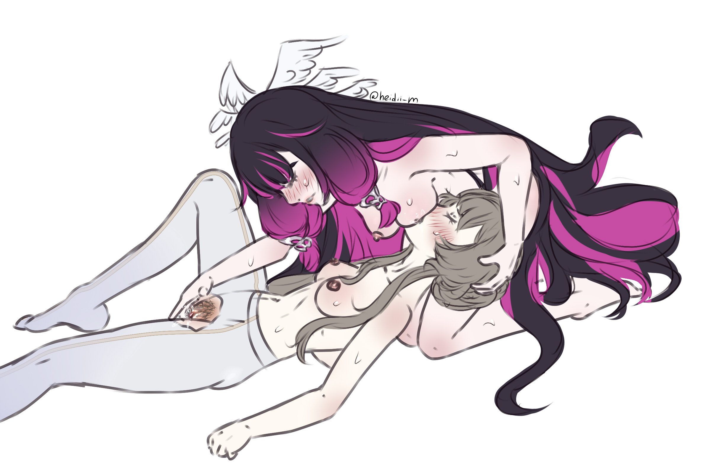 2girls, breast sucking, breasts, columbina (genshin impact), female only, fingering, fingering partner, genshin impact, heidibiersack, heidii m, pussy, sandrone (genshin impact), yuri