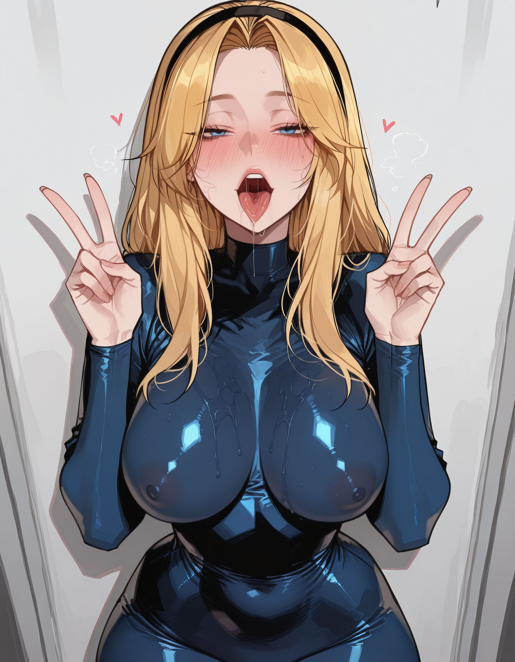 1girls, ai, ai art, ai generated, aroused, blonde hair, blush, double v, female, half-closed eyes, heart, large breasts, league of legends, luxanna crownguard, nipples visible through clothing, riahri, skin tight, solo, tongue, tongue out, v
