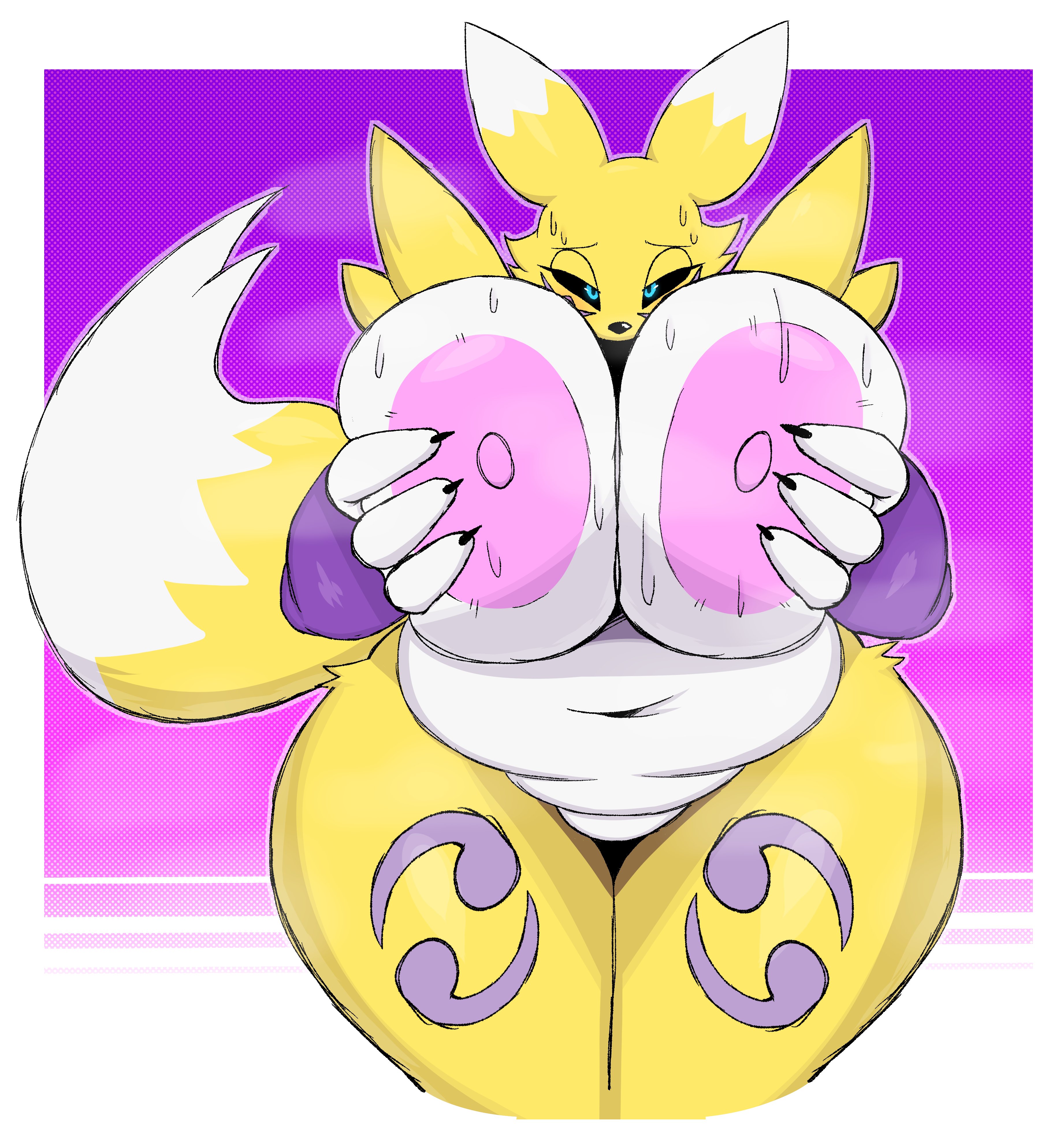 2025, absurd res, anthro, areola, arm tuft, armwear, armwear only, bandai namco, belly, big areola, big breasts, big nipples, black claws, black nose, black sclera, blue eyes, bodily fluids, breast grab, breasts, bridal gauntlets, bridal gauntlets only, canid, canine, claws, clothing, countershade breasts, countershade torso, countershading, digimon, digimon (species), digital drawing (artwork), digital media (artwork), dipstick ears, dipstick tail, ear markings, facial markings, featureless crotch, feladrine, female, female anthro, fingers, fox, front view, fur, gloves (marking), half-closed eyes, hand on breast, hand on own breast, hands on own breasts, head markings, hi res, holding breast, huge breasts, leg markings, looking at viewer, markings, mostly nude, mostly nude anthro, mostly nude female, multicolored body, multicolored ears, multicolored fur, multicolored tail, narrowed eyes, navel, nipples, presenting, presenting breasts, pupils, purple armwear, purple bridal gauntlets, purple clothing, purple markings, renamon, shoulder tuft, slightly chubby, slightly chubby anthro, slightly chubby female, solo, sweat, sweaty breasts, sweaty face, tail, tail markings, thick thighs, thigh markings, tuft, white body, white ears, white fur, white tail, wide hipped anthro, wide hipped female, wide hips, yellow body, yellow ears, yellow fur, yellow tail