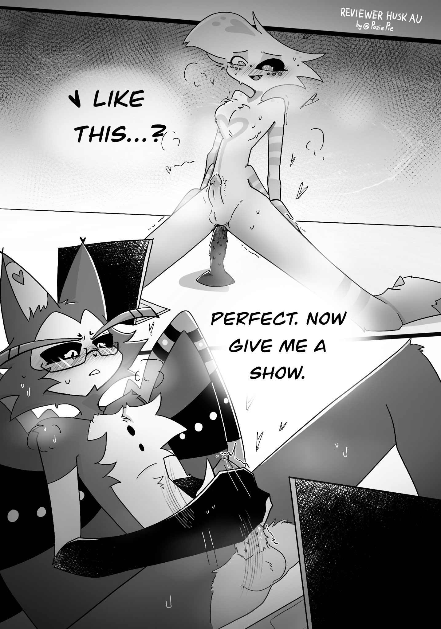 2boys, 4 arms, angel dust (hazbin hotel), anthro, artist request, balls, barbed, barbed penis, black sclera, cat, cat humanoid, comic, dialogue, dildo, dildo in ass, english text, feline, feline humanoid, femboy, furry, gay male, gay sex, glasses, hazbin hotel, humanoid, husk (hazbin hotel), male, male only, male/male, masturbation, monochrome, penis, riding dildo, sex toy, sexting, source request, text, twink, video call, wings, yaoi
