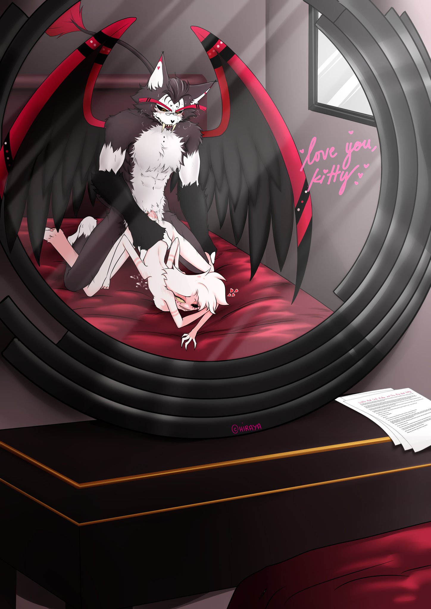 abs, anal, anal sex, angel dust (hazbin hotel), anthro, artist request, bedroom, cum, fangs, femboy, fur, furry, gay, gay sex, hazbin hotel, husk (hazbin hotel), indoors, mirror, mirror reflection, muscular, muscular anthro, muscular male, sex, sharp teeth, size difference, source request, twink, wings, yaoi