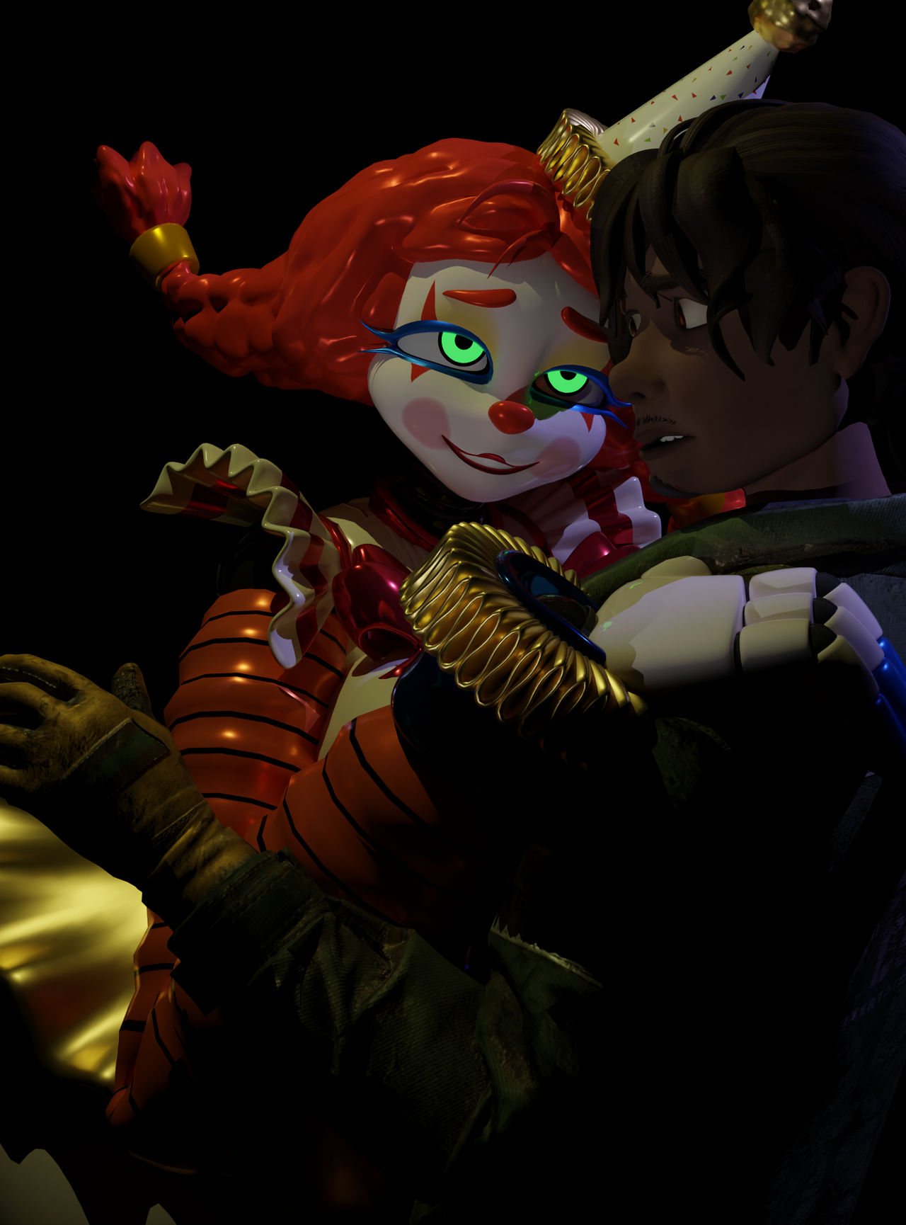 3d, arms around neck, arnold (fnaf), blender, busty, busty female, five nights at freddy's, five nights at freddy's: secret of the mimic, fnaf, human, jackie (fnaf), jackie (mishuuyu), mishuyuu (modeler), render, straight