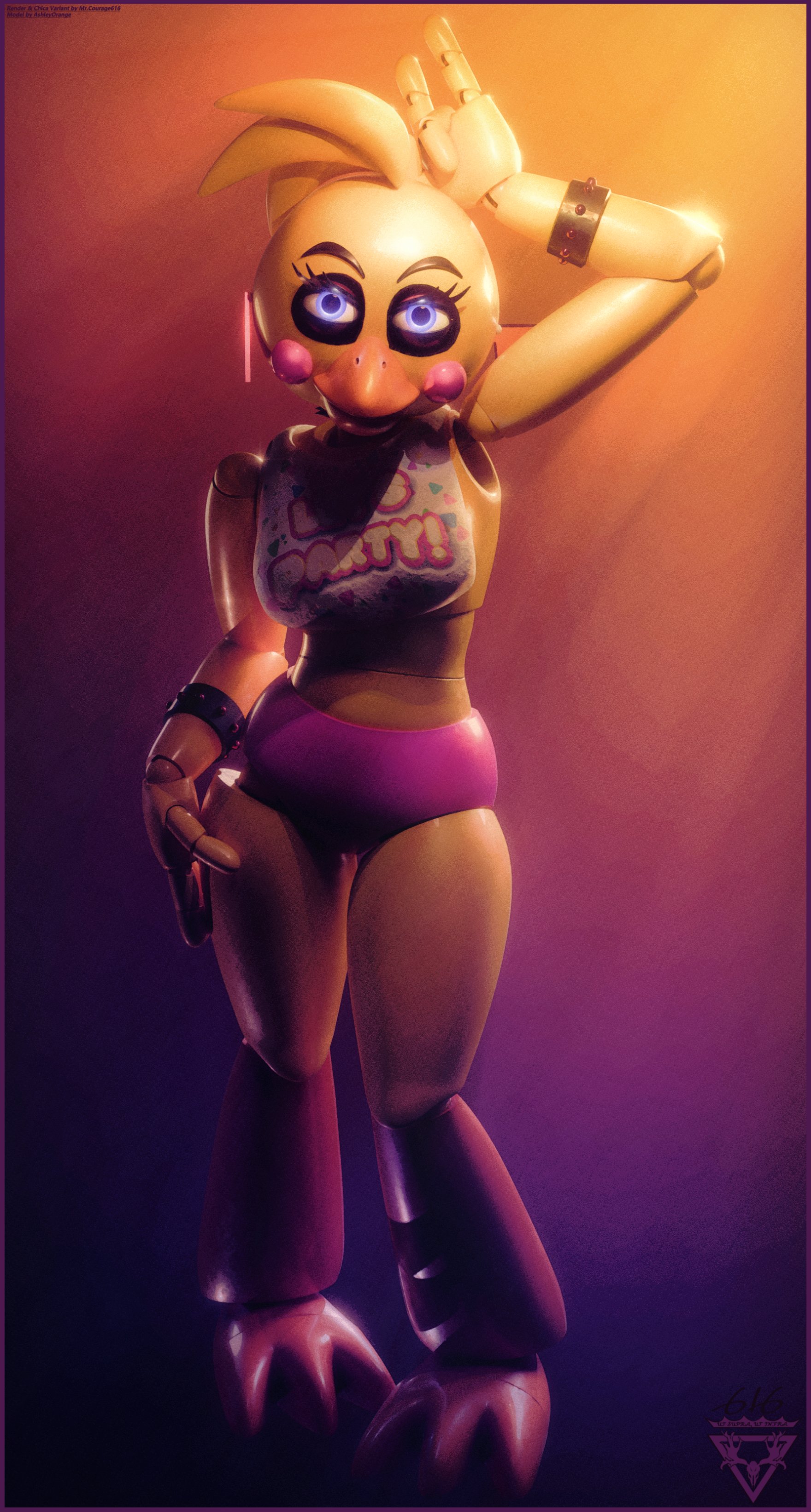 1girls, 2025, 3d, 3d (artwork), animatronic, beak, blender, female, female only, five nights at freddy's, five nights at freddy's 2, fully clothed, mrcourage616, pinup, posing, scottgames, sexy pose, solo, toy chica (fnaf)