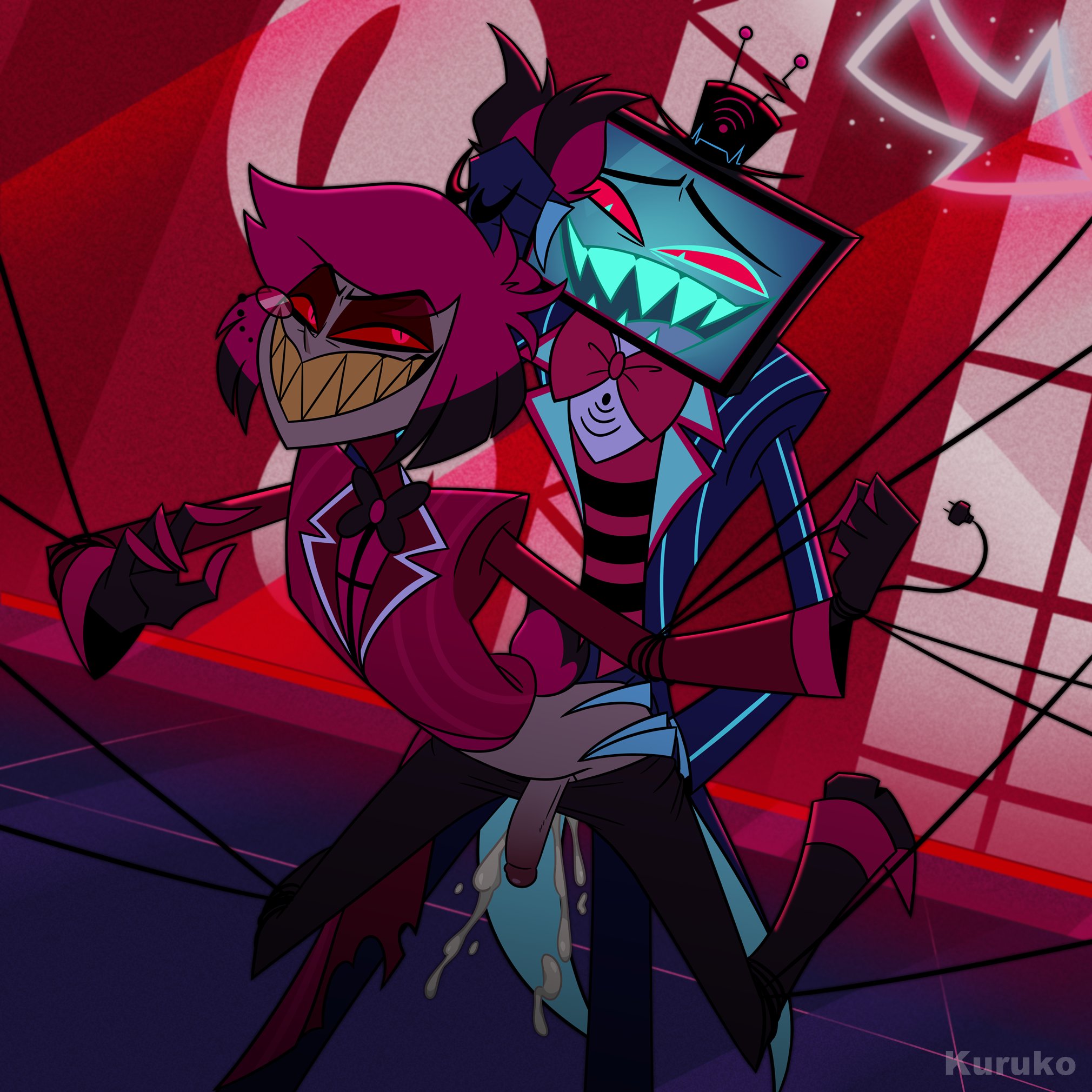 2boys, accurate art style, alastor (hazbin hotel), ambiguous penetration, bondage, cum, cum dripping, dubious consent, gay, hand on hip, hazbin hotel, holding ears, implied rape, kuruko, male only, male/male, penis out, tied up, tv head, unable to fight back, unable to move, vox (hazbin hotel), yaoi